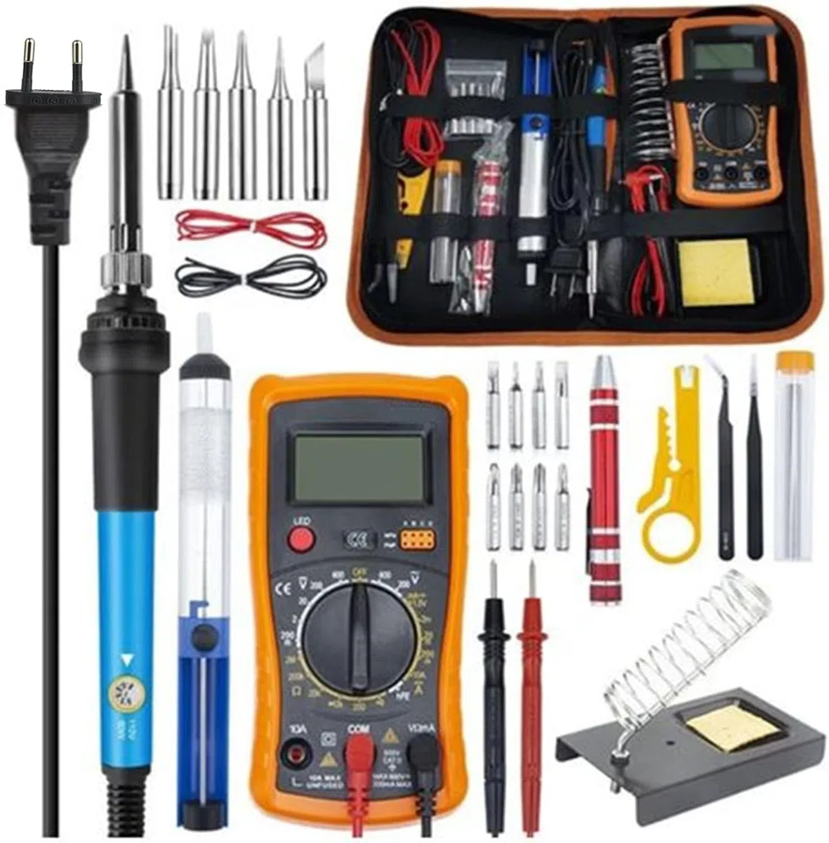 Set di Saldatori Elettrici 60 W, Temperatura Regolabile, 25 Pezzi Con Multimetro Digitale, Punte, Supporto, Pompa Dissaldante, Pinzetta, Cacciavite