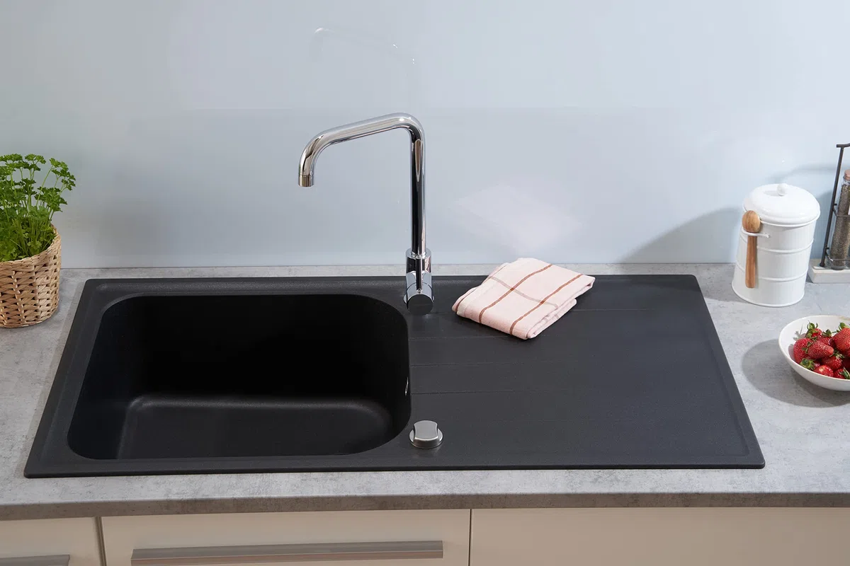 Respekta Lavello da Cucina Orlando in granito color Nero, Lavello da Incasso con 1 vasca, dimensioni 100 x 50 cm, Lavello Adatto per Mobili Sottolavello da 60 cm di Larghezza