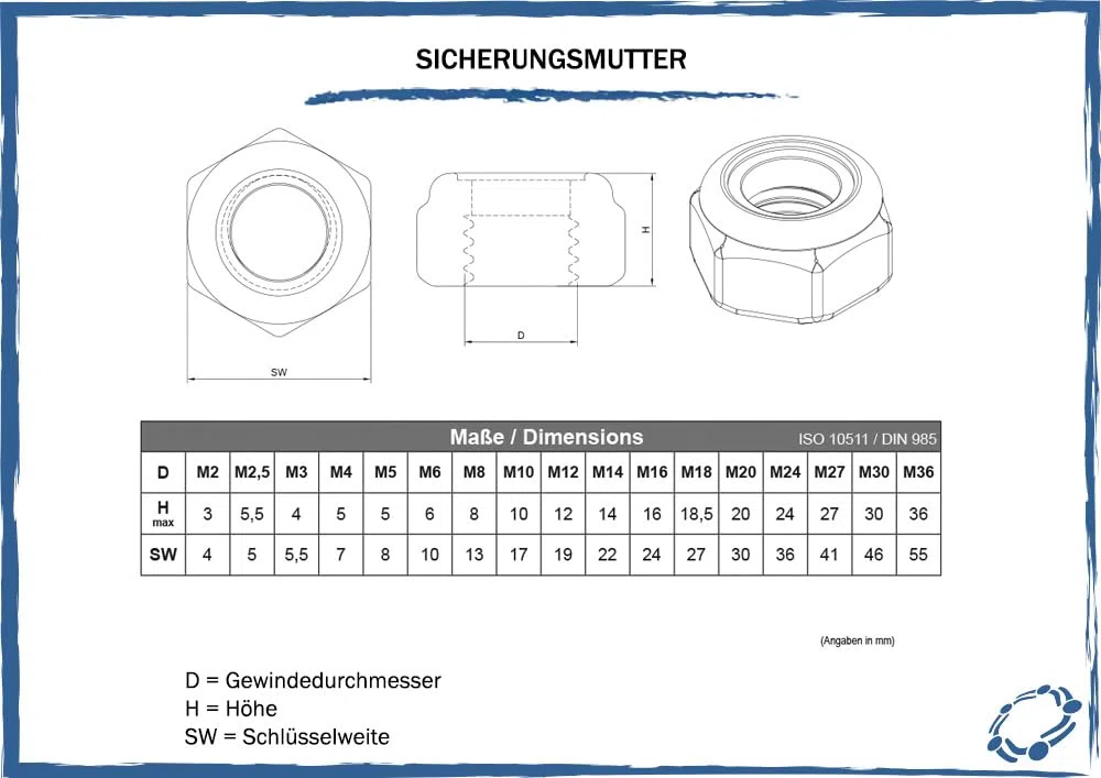 Dado di bloccaggio SECCARO M18, acciaio inox V2A VA A2, DIN 985/ISO 10511, esagono, 20 pezzi