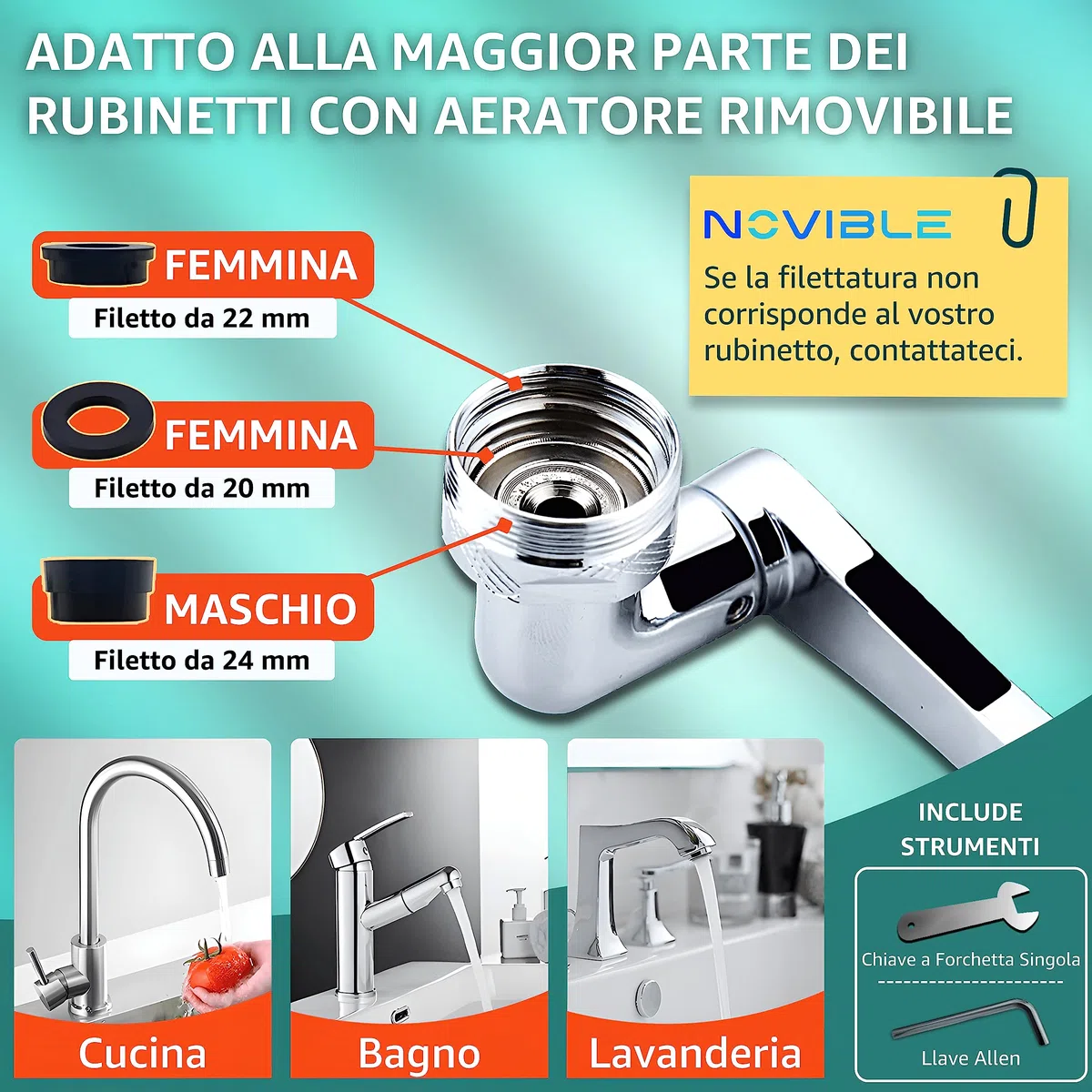 Rubinetto Rotante 1080 Gradi - Estensione Snodabile per Lavandino da Cucina e Bagno - Antispruzzo Rotante 1440° in Ottone - Aeratore Bagno 2 Modalità Acqua
