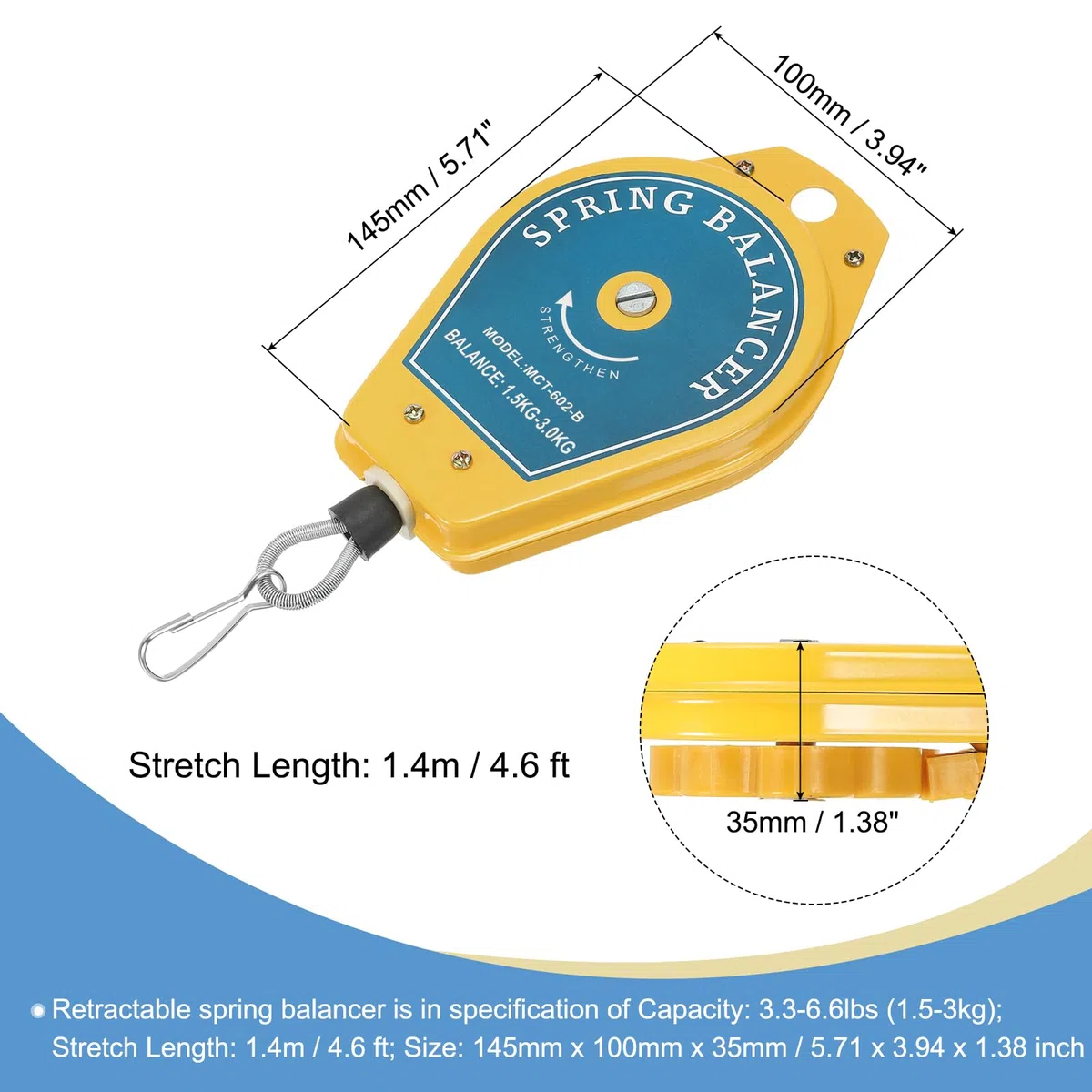 QUARKZMAN Retrattile Molla Bilanciatore 3,3-6,6 Libbre (1,5-3 Kg) Attrezzo Supporto Appeso Attrezzatura con Raccordo Accessorio per Linei Assemblaggio Blu