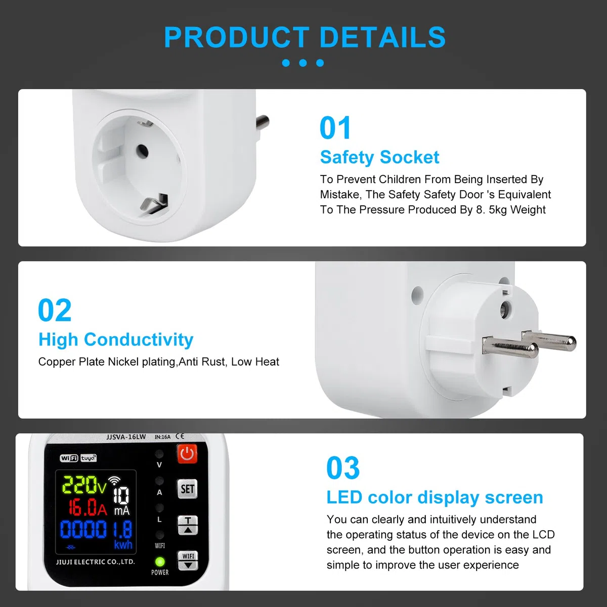 16A Wifi presa smart Misuratore consumo elettrico wifi Presa consumo energia Protezione da sovratensione e sottotensione Scaricatore di sovratensione 220V Voltage adjustable Protezione dalle perdite.