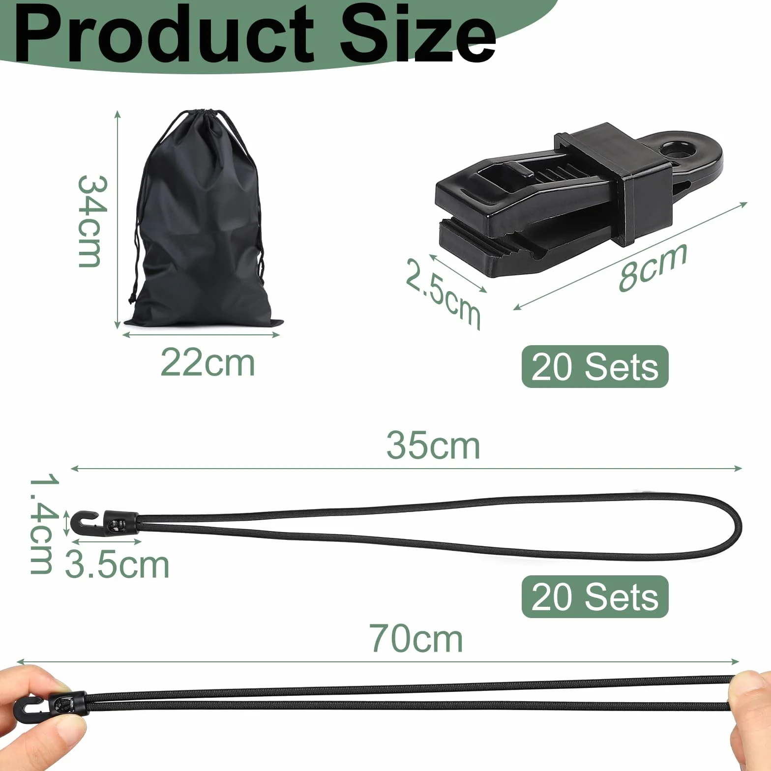 LALAGO 20 Pezzi Gomma per Tendere + Clip + Espansore 35cm Nero