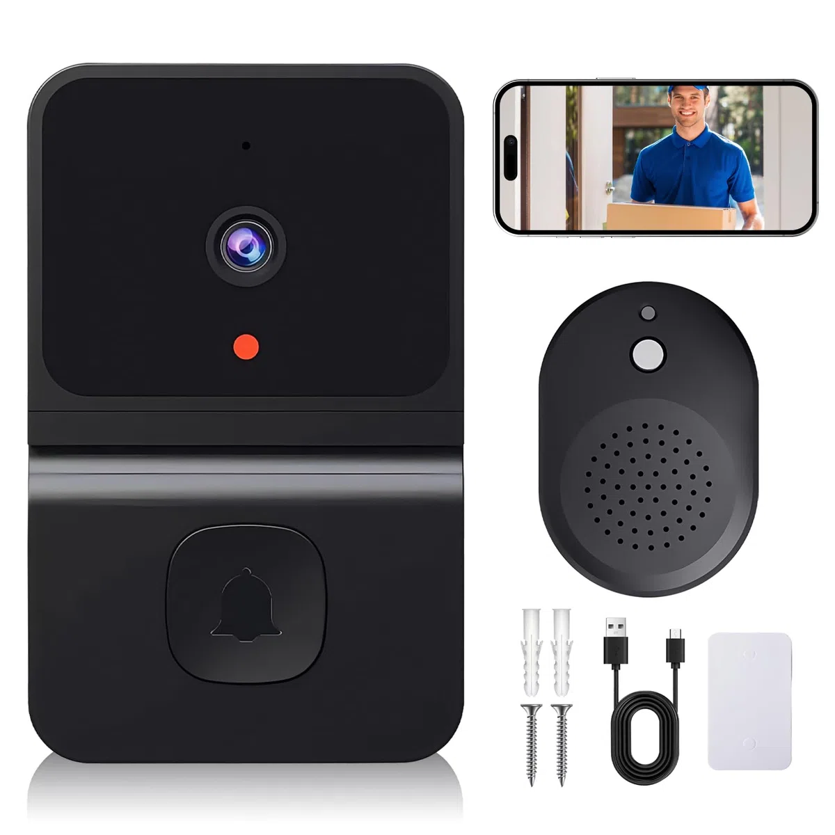 Videocitofono campanello con telecamera senza cavo, Wi-Fi video campanello con fotocamera, 2.4GWifi video campanello per porta vista notturna/2 vie audio/supporta SD e memoria cloud con campana