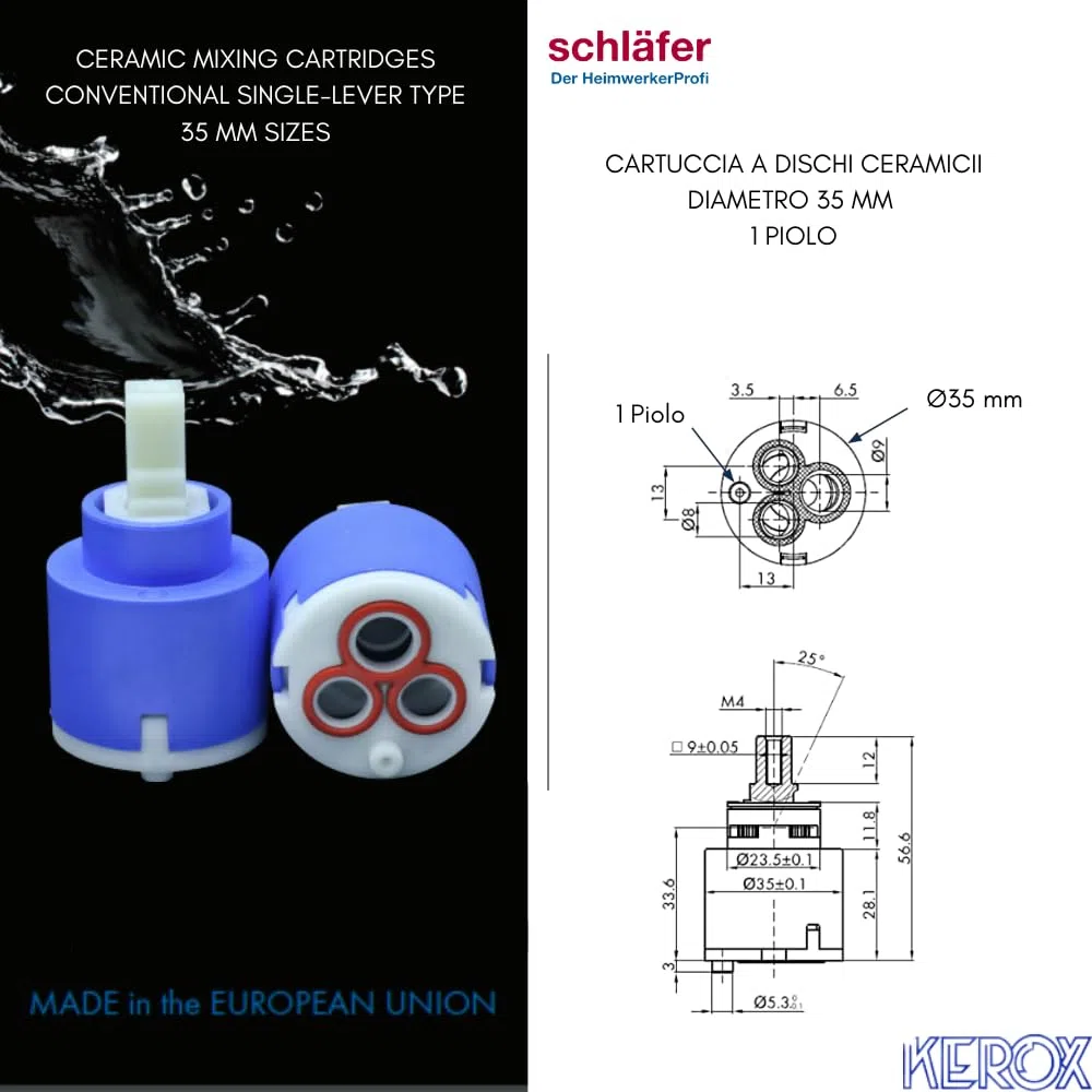 Schläfer 480037 | Cartuccia Rubinetto Miscelatore 35mm, Cartuccia di Ricambio in Ceramica Bassa con 2 Piedini, Per Rubinetti Miscelatori Monocomando di Cucina, Bagno, Doccia e Vasca