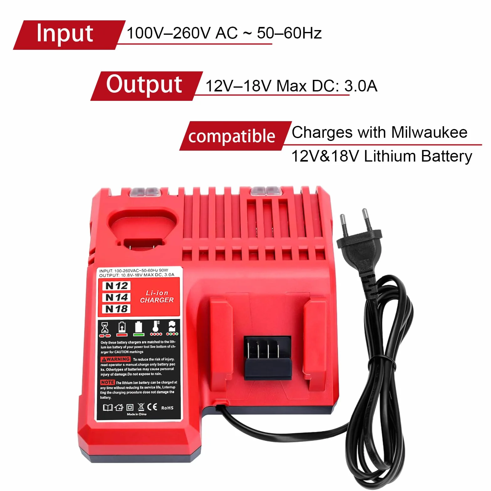 Powarobor Caricatore rapido multi-voltage 12 V 18 V compatibile con strumenti Milwaukee M18 18 V/M12 12 V agli ioni di litio