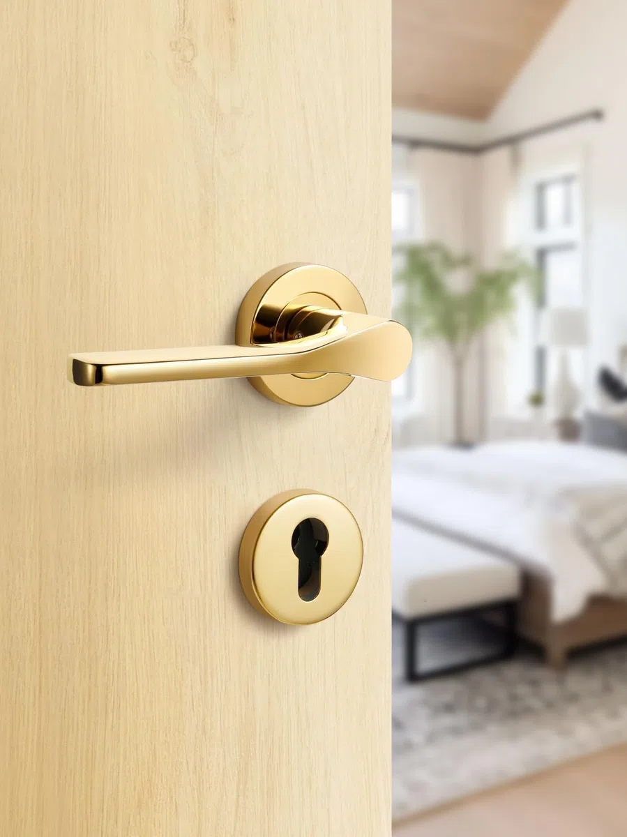 Maniglia per porta in acciaio inox spazzolato opaco dorato, set maniglia per porta anteriore e porta interna, forma L, profilo PZ, cilindro, rosetta tonda