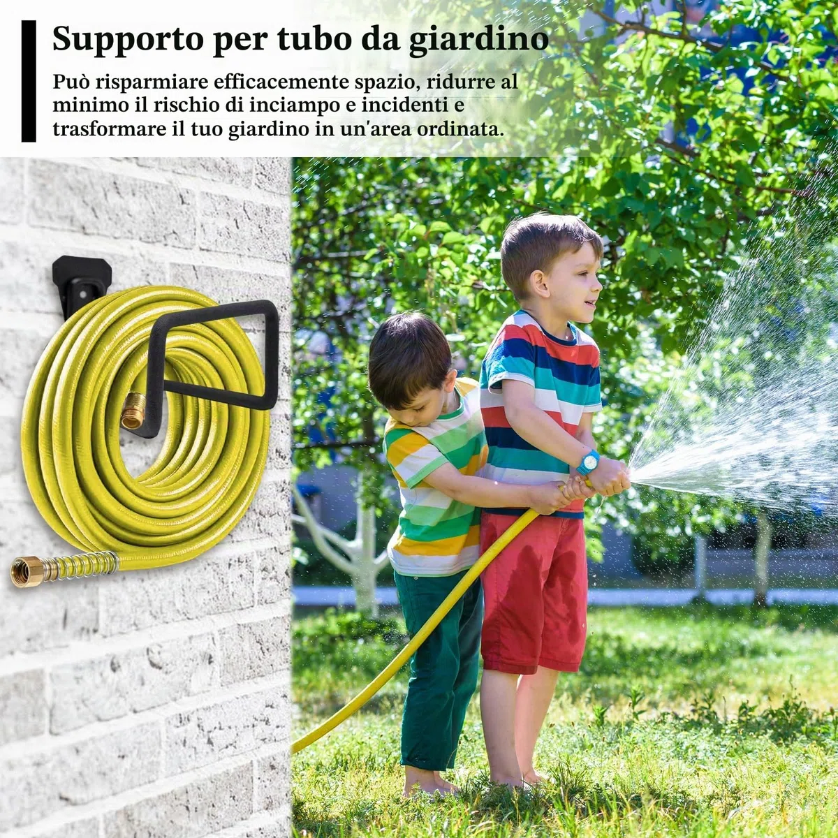 2 Pezzi Porta tubo da Giardino, Supporto a Parete in Metallo Robusto, Gancio per Tubo dell’Acqua e Cavo di Prolunga per Giardino e Esterno
