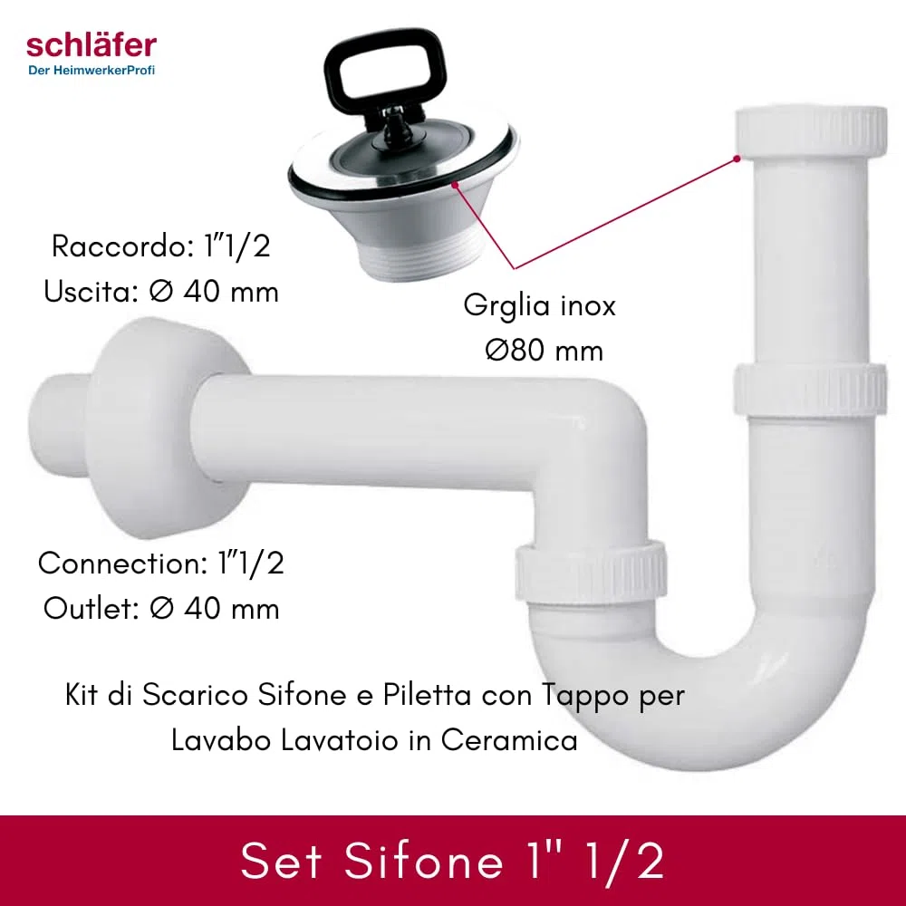 Schläfer 4618105 | Kit di Scarico con Sifone per Lavello Universale G 1 1/2 e Piletta con Tappo per Lavabo, Lavatoio, Lavanderia, Raccordo Tubo Scarico a parete da 40mm