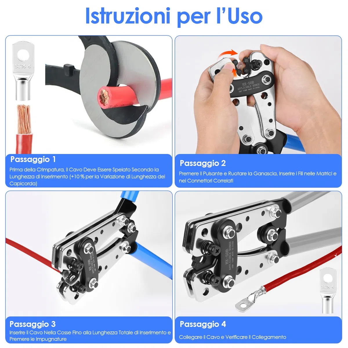 ZWOOS Pinza Crimpatrice Capicorda, Capicorda Elettrici a Crimpare da 6/10/16/25/35/50 mm², In Rame, Piegatore Resistente per Capicorda (Hx50b)