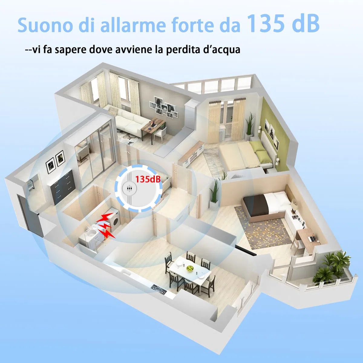 Rilevatore di perdite d'acqua 2 Pack, Sensore allagamento ,Sensore acqua con Batteria 135dB allarme rivelatore di allagamento per scantinati, bagni, lavanderie, cucine, garage e soffitte