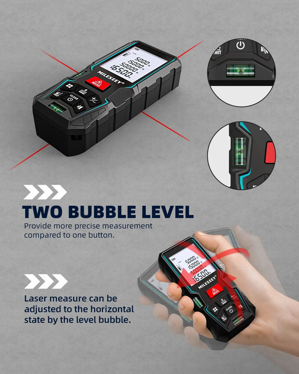 MiLESEEY D5T 50M Misuratore Laser con 2 Livelli Di Bolla, Precisione 2mm, LCD Retroilluminato e Modalità Pitagorica, Misura Distanza, Area e Volume