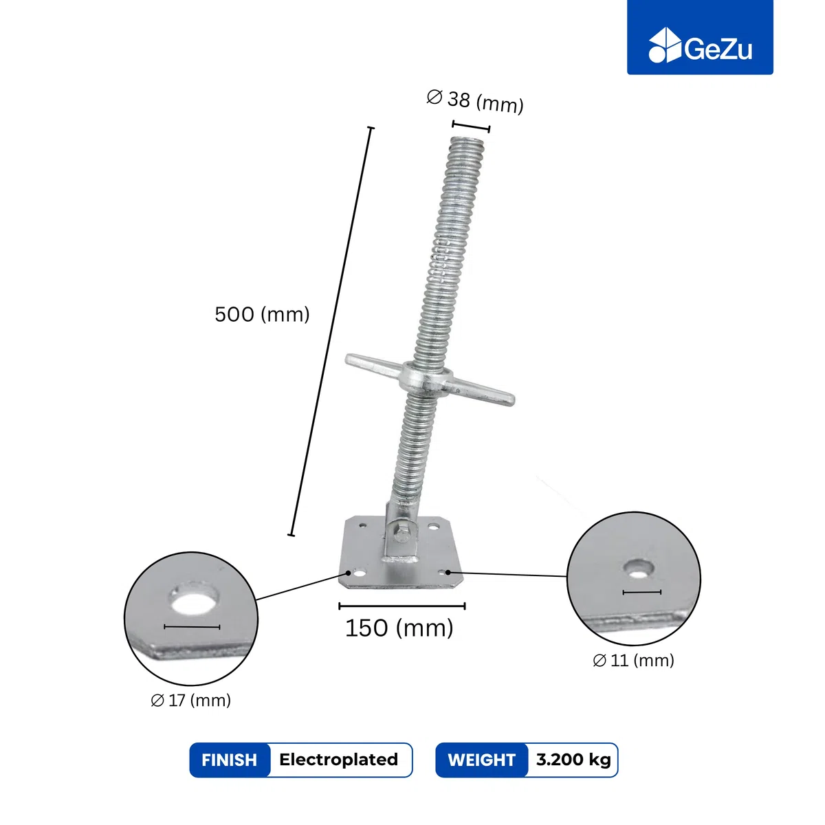 GeZu Impex Martinetto a Vite Girevole per Ponteggi 38 x 500 mm Zincato Elettricamente Regolabile in Altezza Vite di Livellamento per Base