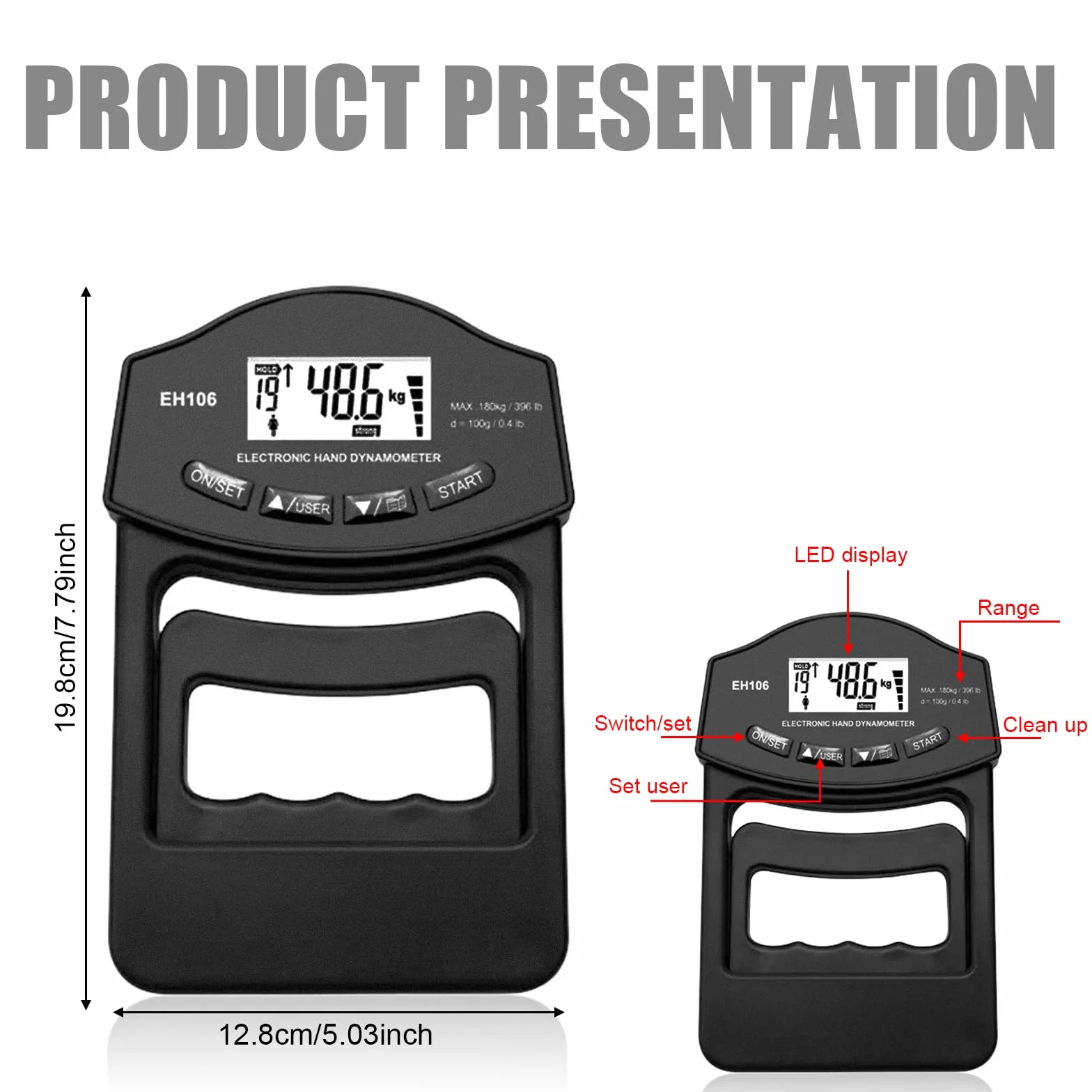 Misuratore di forza manuale digitale, 396lb/180 kg, misuratore di forza manuale, con presa sensibile, tester di forza elettronica, grande schermo LED con cavo di ricarica USB (nero)