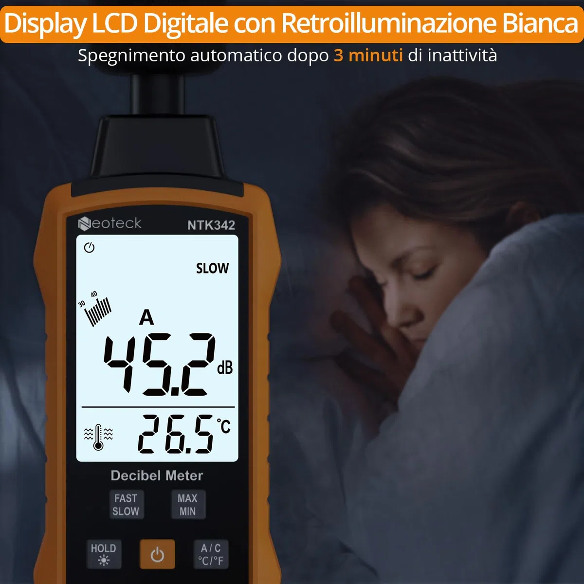 Neoteck Fonometro Digitale Portatile 30–130dB Sonometro Digitale Portatile con Ponderazione A/C, Display LCD Retroilluminato, Funzione Data Hold Misuratore Rumore per Casa, Ufficio, Ambiente di Lavoro