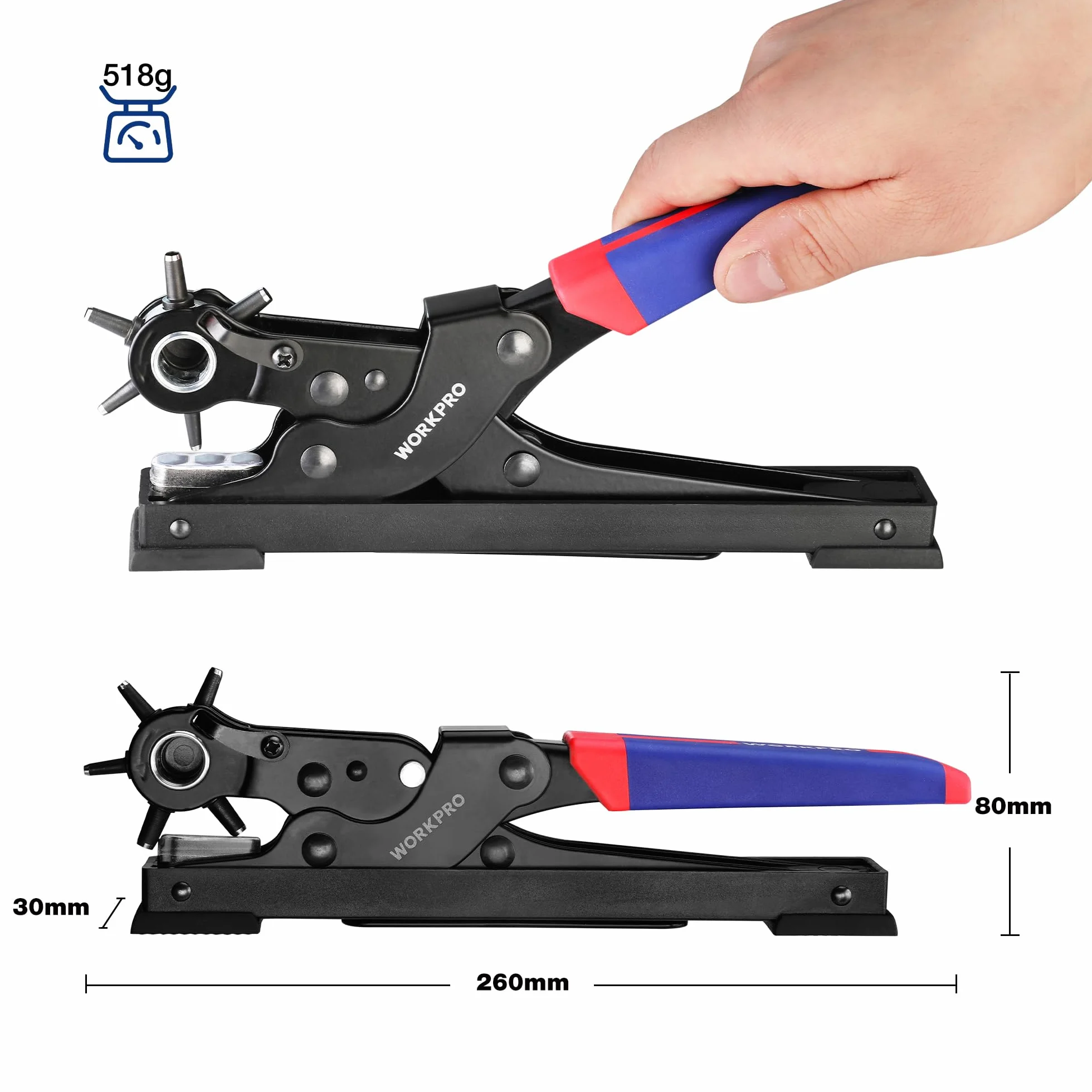 WORKPRO Pinza Fustellatrice, Scrivania Pinza Buchi Cntura con 6 Fori Intercambiabili, Buca Cinture per Perforate Cinture, Carte, Cinturini per Orologi, Cartone, Scarpe in Pelle