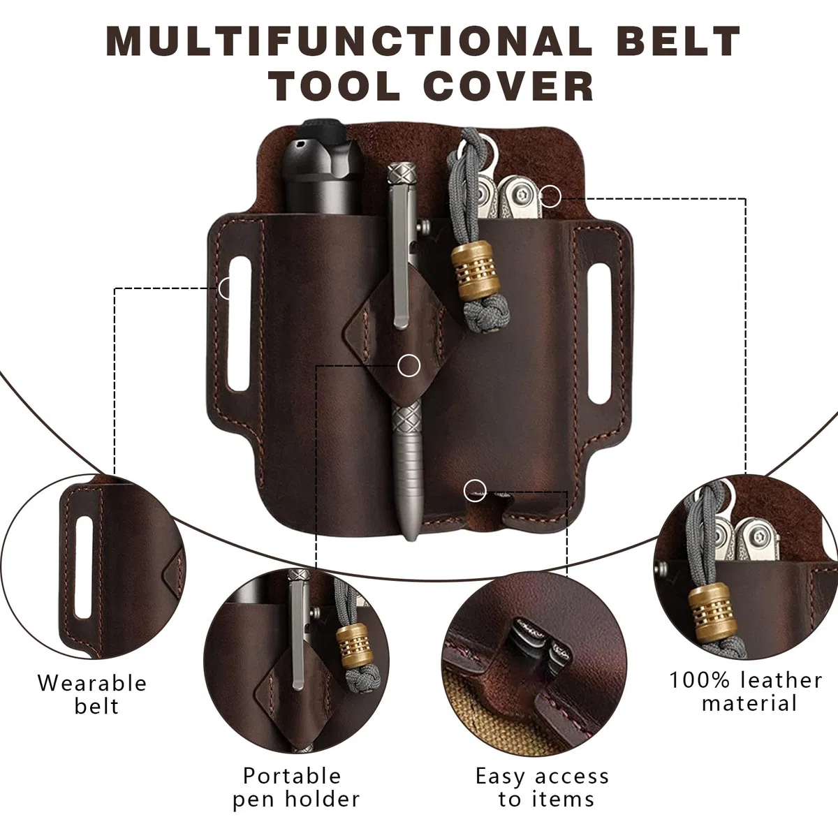 Borsa porta attrezzi in pelle, fondina per coltelli, borsa da cintura per uomo, organizer tascabile in pelle EDC da uomo con portapenne, guaina per torcia, guaina per torcia elettrica