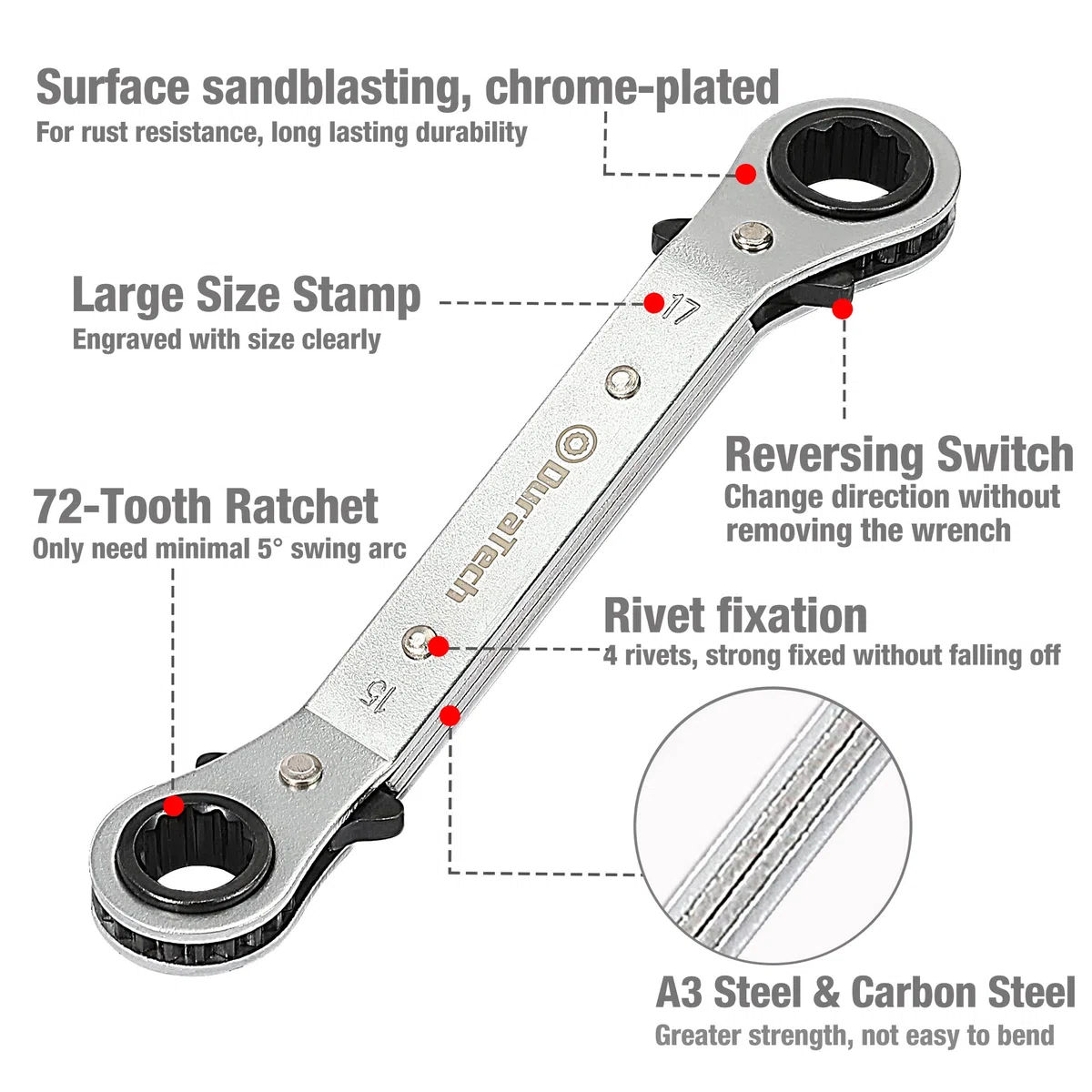 DURATECH Set di 5 chiavi a cricchetto reversibili a doppio anello, 6 mm-21 mm, con custodia per il trasporto