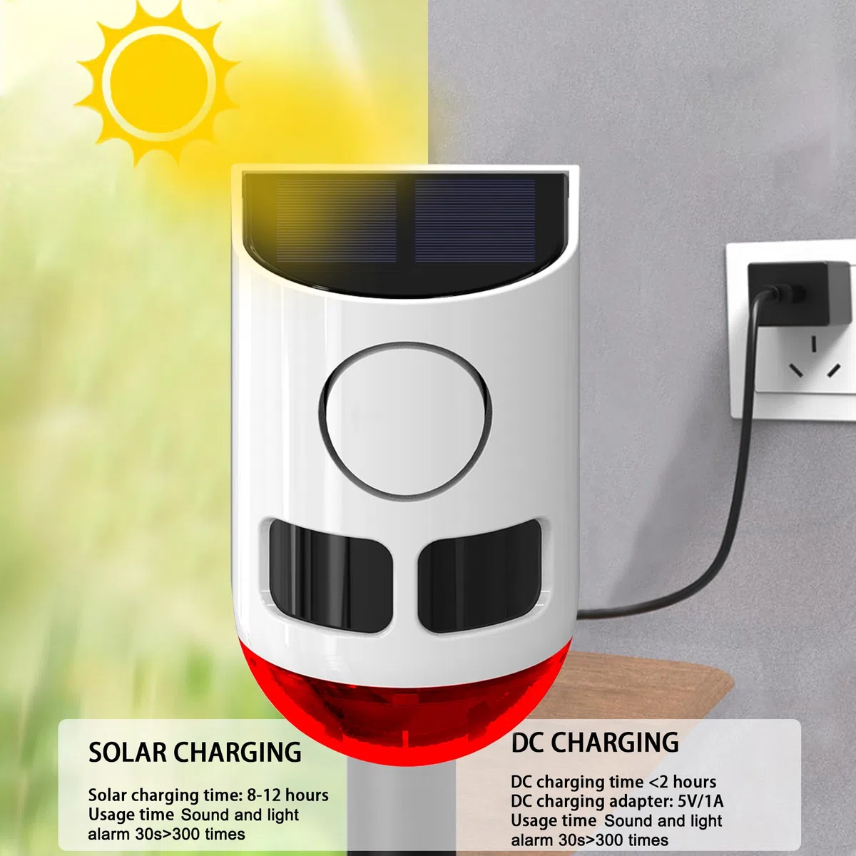 Allarme solare per esterni con sensore di movimento, 110 db, forte rumore, 4 modalità di lavoro, luce stroboscopica con USB per casa, villa, cortile, pollaio, fattoria, fienile, dì addio agli
