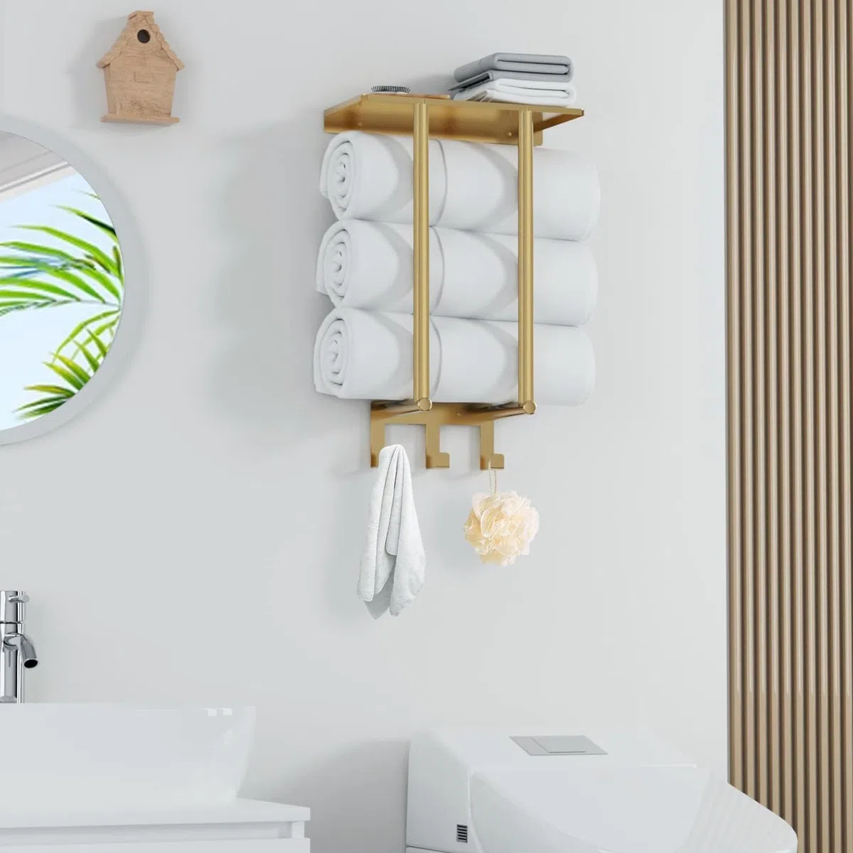 Mensola Porta Asciugamani Bagno da Parete 50 cm BETHOM Oro Porta Salviette Bagno con Ripiano Acciaio Inossidabile Organizer Portaasciugamano per Asciugamani 3 Arrotolati