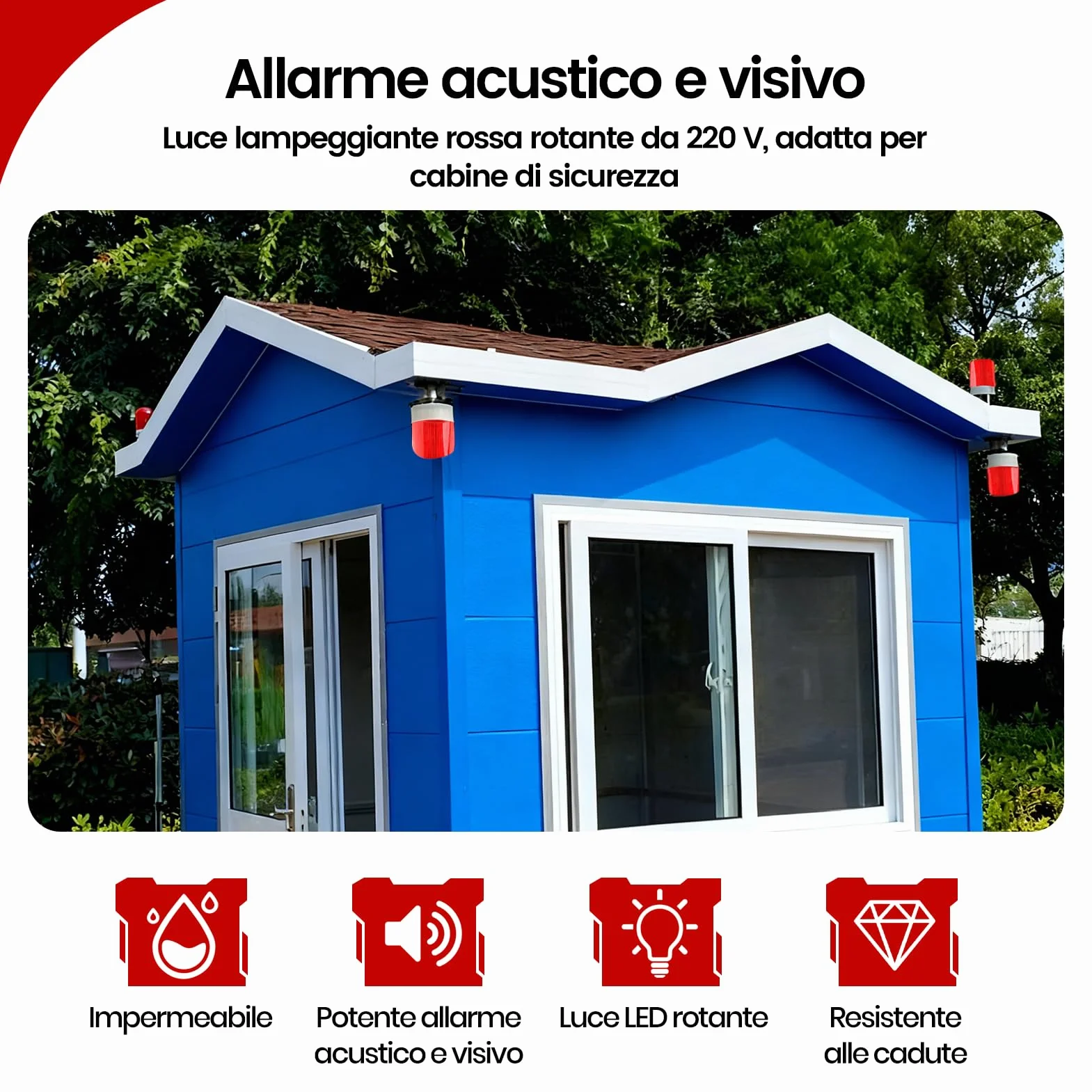 Sirena Allarme Esterno 220V con Luce Stroboscopica LED Rossa e Allarme Sonoro 100dB - Facile Installazione per Sicurezza Industriale e Domestica