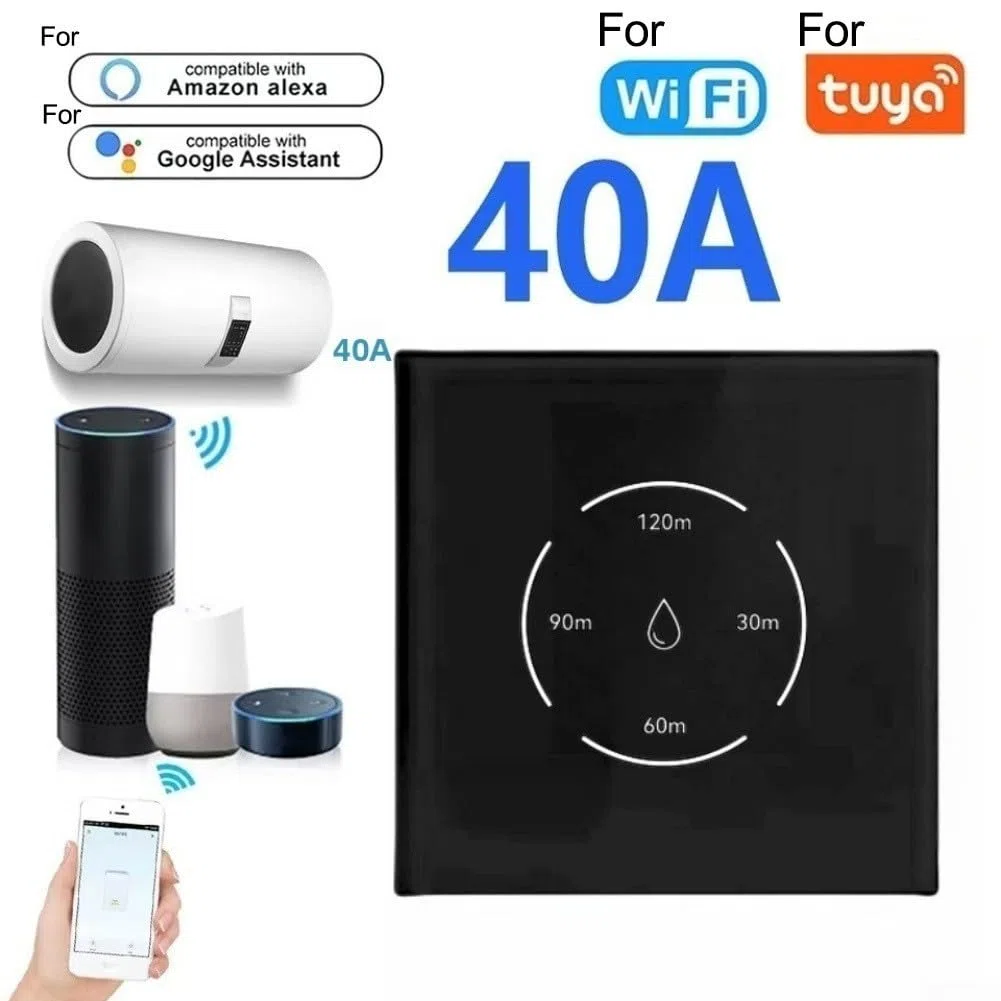 Smarts - Interruttore per riscaldatore a immersione, per Tuya WiFi Smart Wall Touch Boiler, interruttore timer per scaldabagno da 40 A, per Alexa, per app Smart Life (nero)