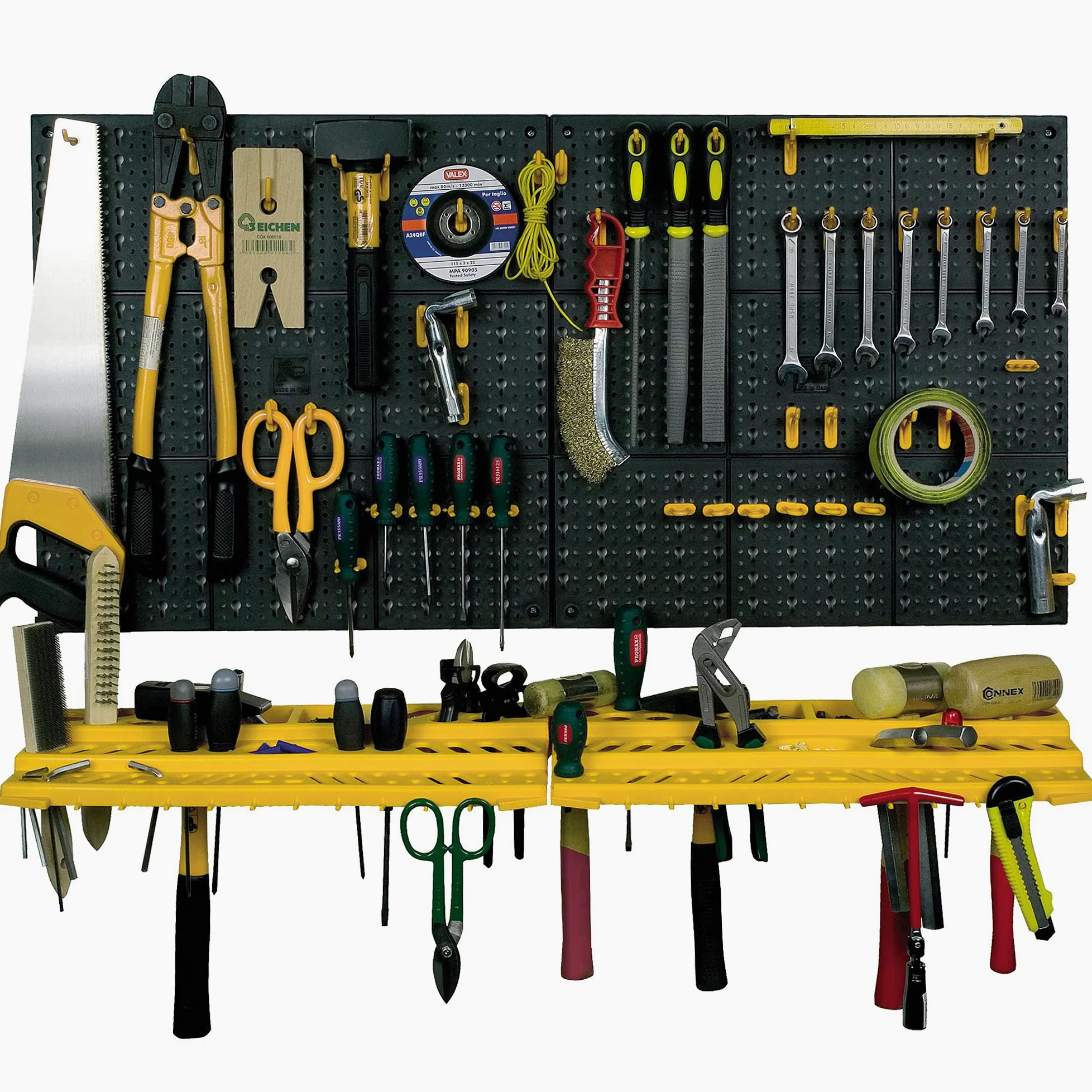 Art Plast Kit due pannelli per attrezzi 50x50 cm completi di due mensole e 50 ganci assortiti, in plastica, nero/arancione