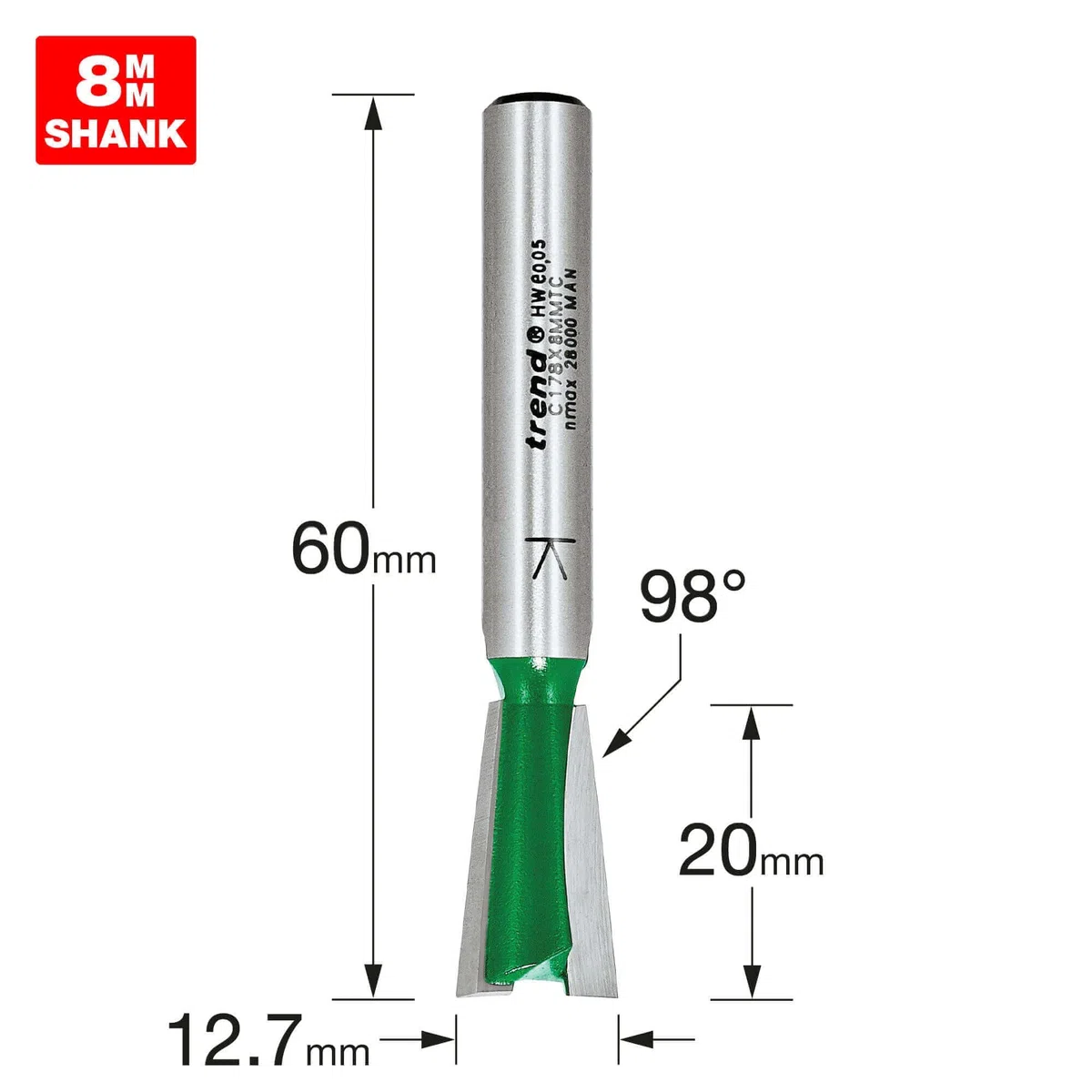 Trend Fresa a coda di rondine 12,7 mm x 98 gradi x 20 mm di taglio, C178X8MMTC