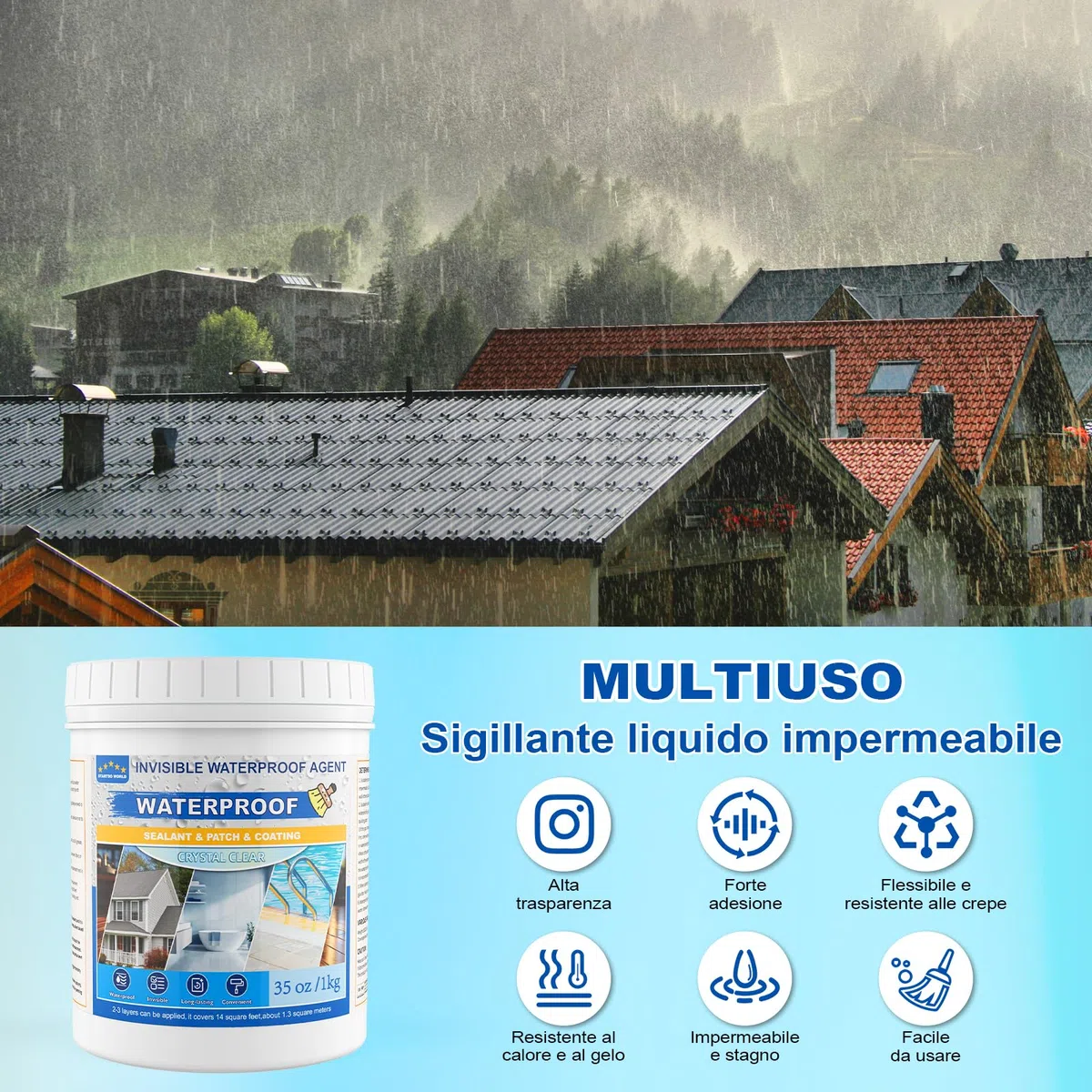 Sigillante Impermeabile Liquido 1KG | Rivestimento Impermeabile Trasparente per Interni ed Esterni | Agente Impermeabilizzante Invisibile per Doccia, Legno, Tetto e Pareti