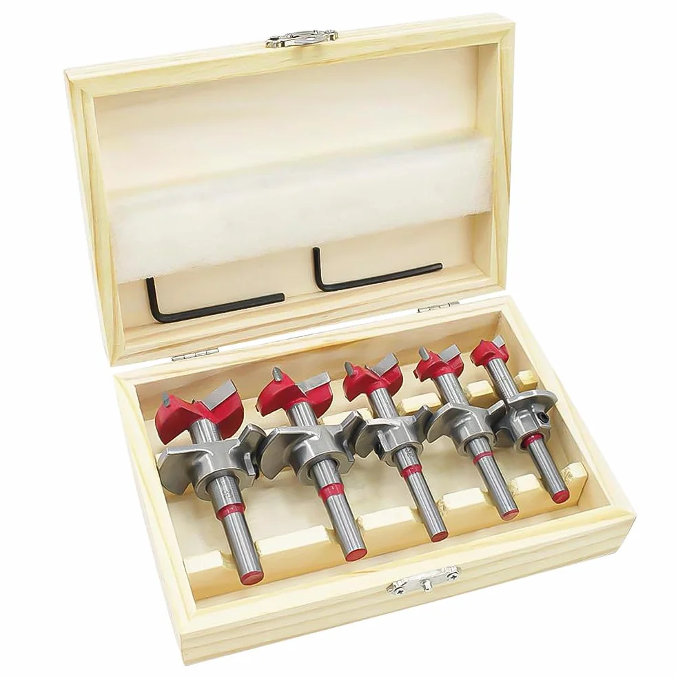flintronic Punta per Legno Forstner 5 Pezzi, Apri Fori per La Lavorazione del Legno, Set di 5 punte per fresa in legno (Ø15 – 35 mm) con attacco di profondità (gamma di profondità 10 – 40 mm)