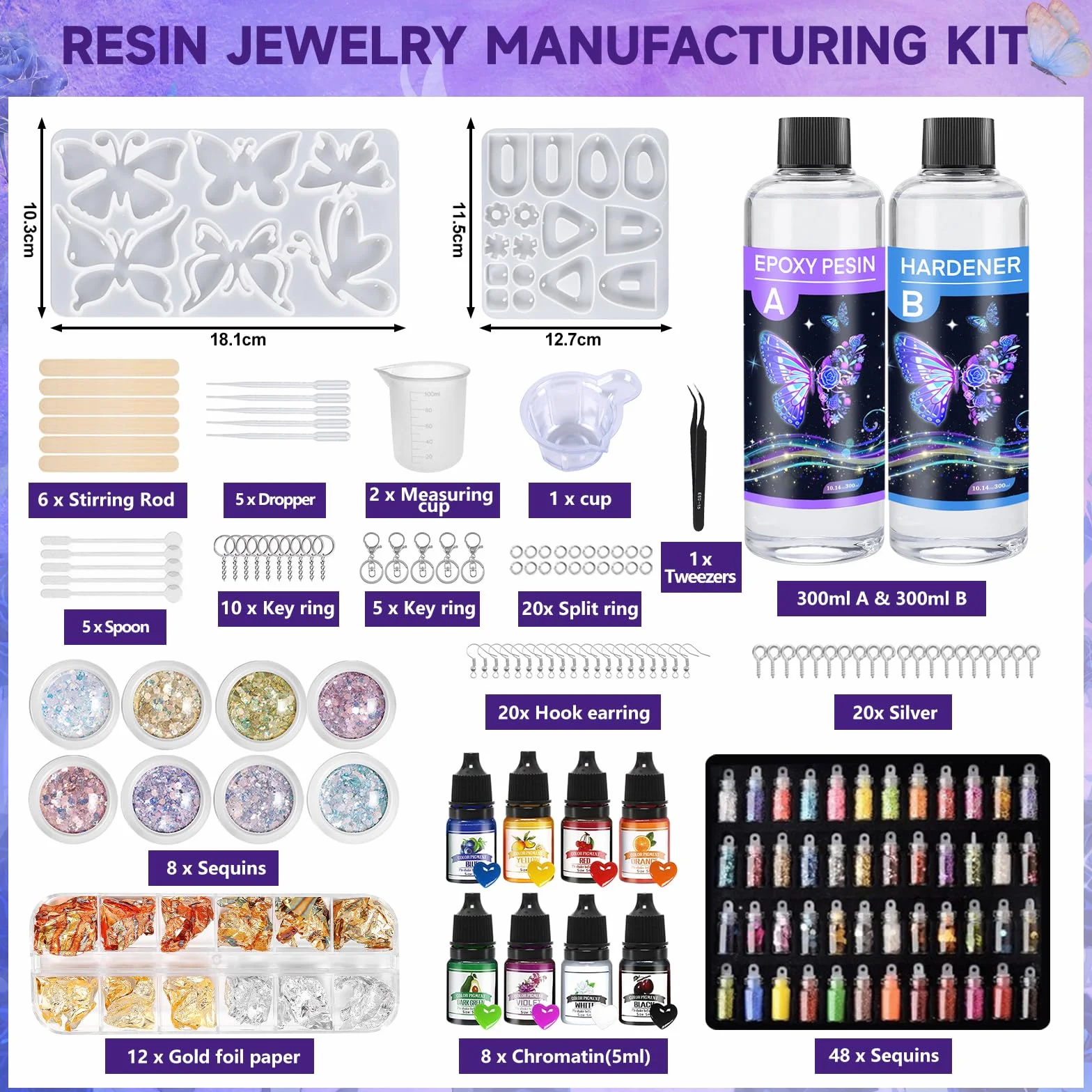 Resina Epossidica Trasparente Kit 600ml Colla Resina Epoxy con Indurente,Kit Resina Epossidica Completo Adatto per la Creazione di Gioielli, Fai da Te, Pendenti per Collane