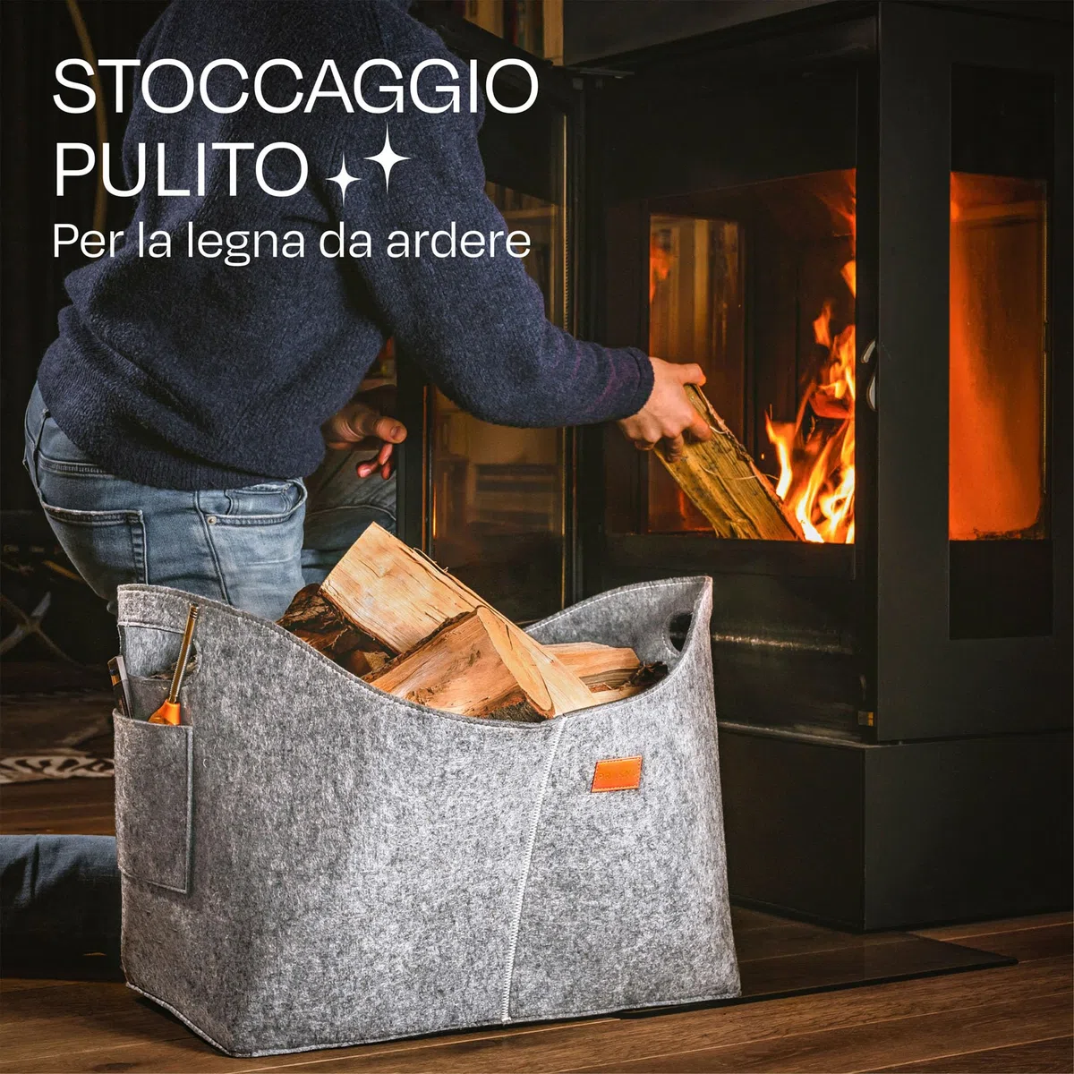 Praknu Borsa in Feltro per Legna Da Ardere - Grande - In Feltro Riciclato - Porta Legna per Interni - Cesta per Legna Robusta e Multiuso - Grigio