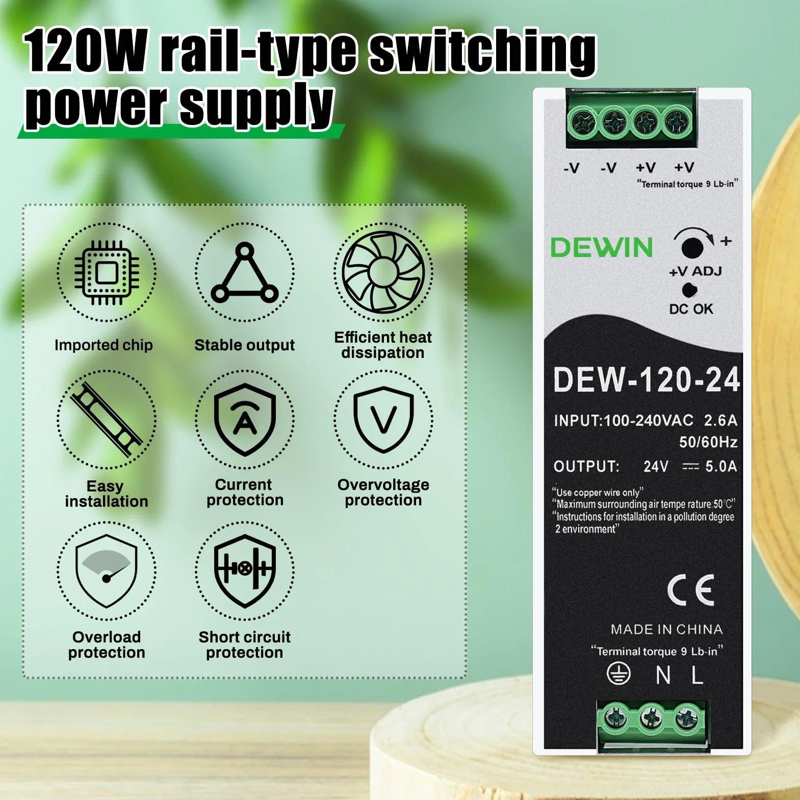 DEWIN Alimentatore 24V 5A din 120W Alimentatore per guida din Trasformatore per guida,Ingresso AC 100-220V 2,6A Uscita DC 24V 5A (Con Manuale in Italiano)