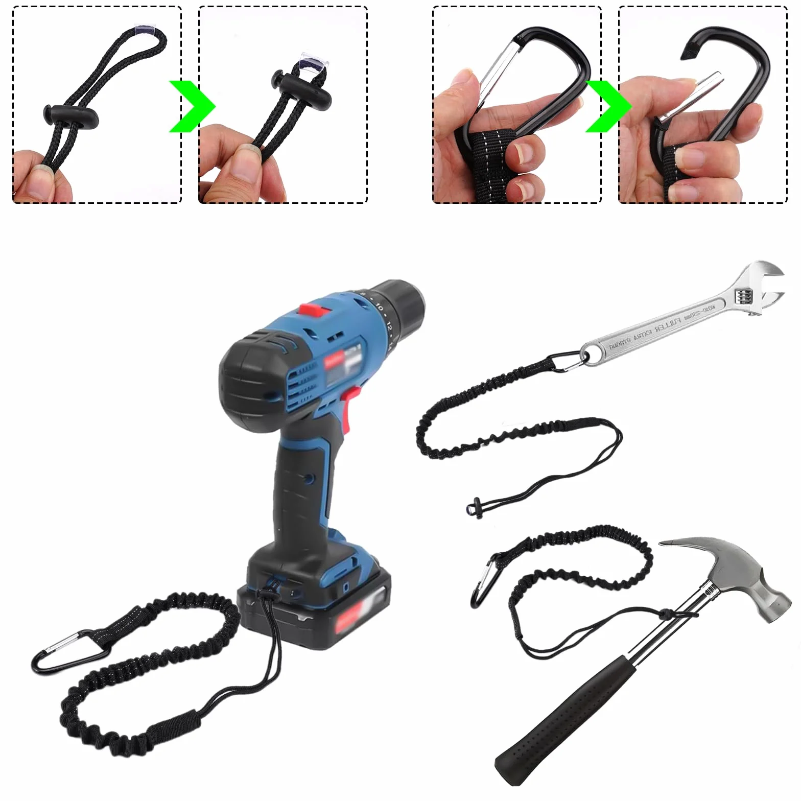3 Pezzi Corda Di Sicurezza per Attrezzi da Lavoro, Cordino Anticaduta con Moschettone, 50cm-120cm Elastico Cordino Anticaduta Attrezzi per Edilizia, Lavori In Quota, Alpinismo, Pulizia Professional