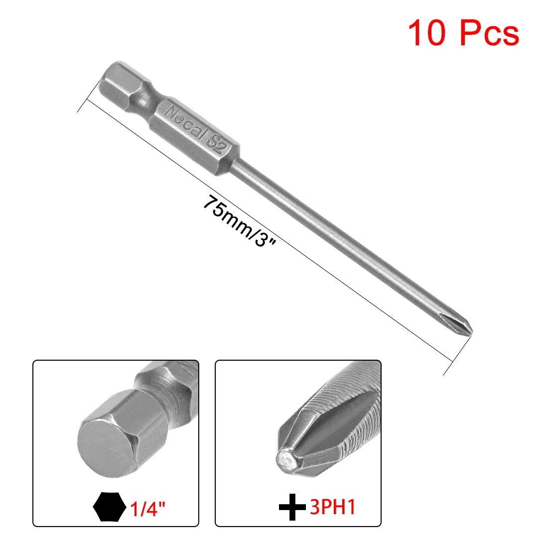 uxcell - Punte per cacciavite magnetiche S2, codolo esagonale, lunghezza 50 mm, Phillips 2.5PH0, a18122500ux0067, 10pcs H1/4*75*3PH1