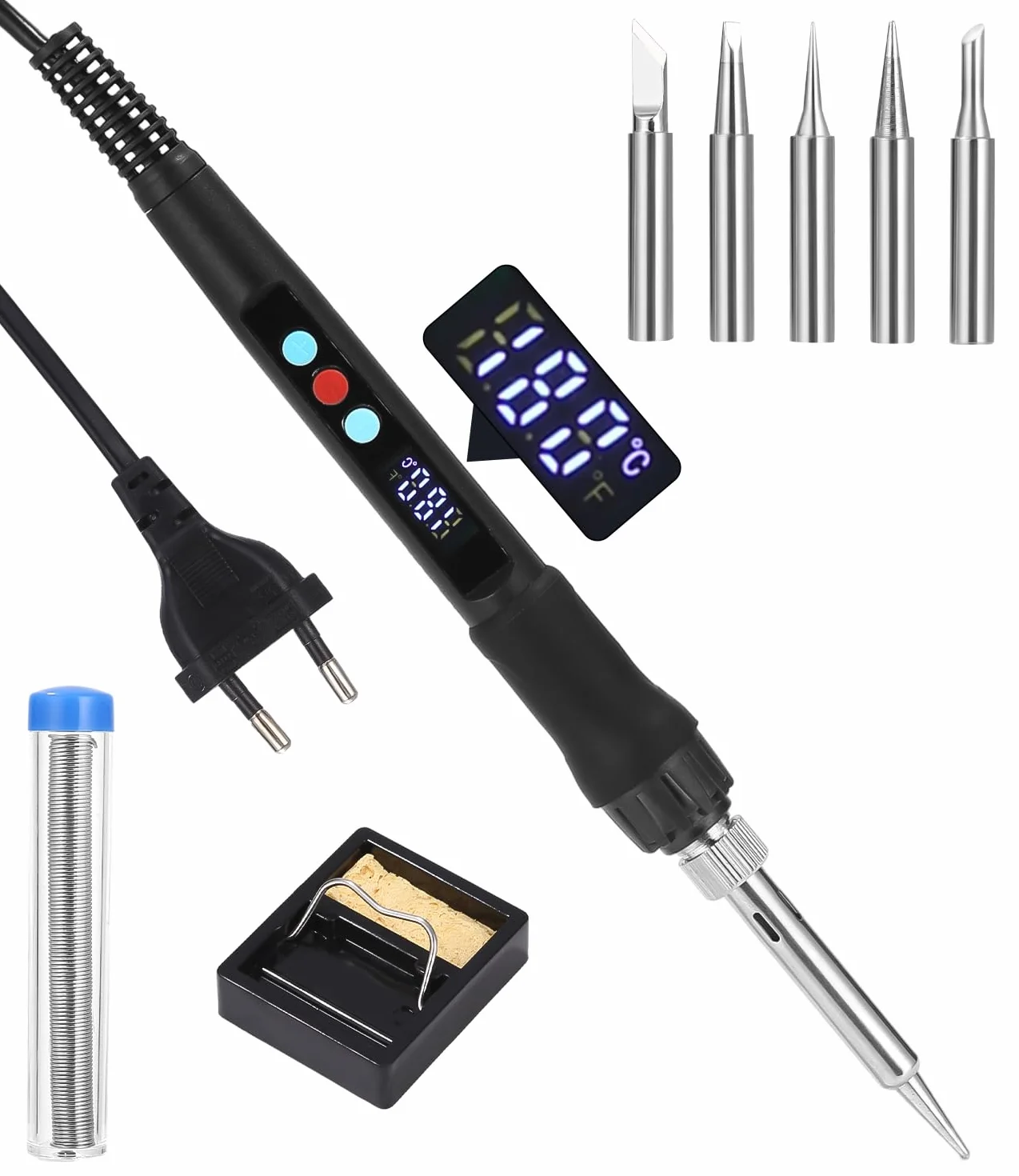 Yulado Saldatore a Stagno 100W, Kit Temperatura Regolabile 180-500℃, Stagnatore Elettrico Professionale 5 Punte