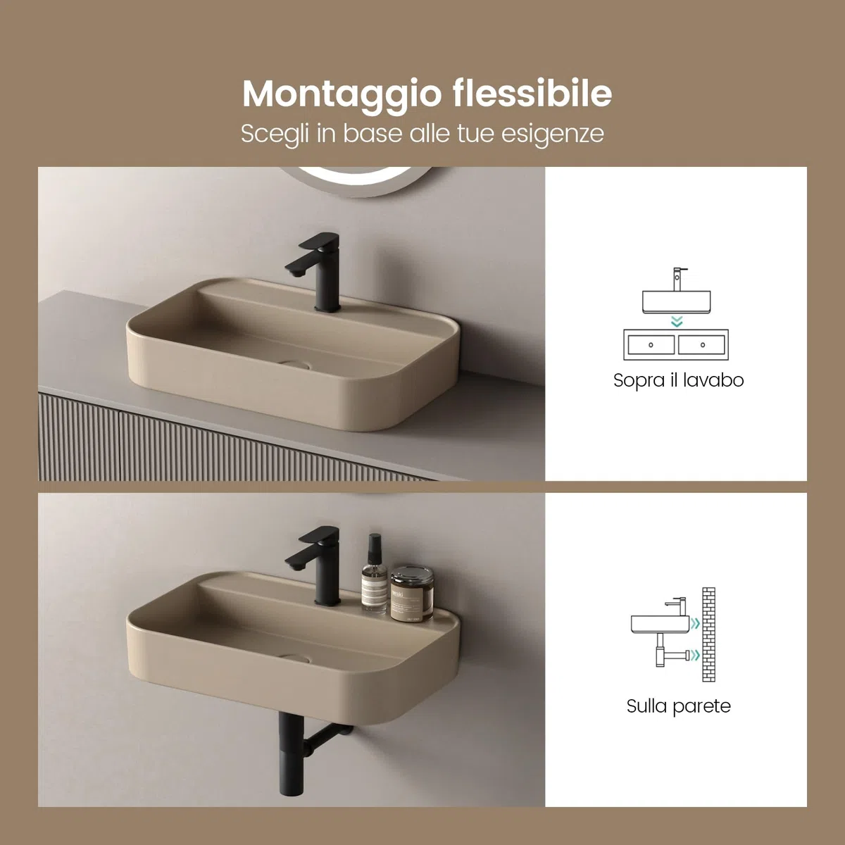 EMKE Lavabo da Appoggio e Sospeso 50 x 40 x 11 cm, Lavandino Rettangolare in Ceramica Beige opaco con Angoli Arrotondati, Lavello Moderno Salvaspazio per Bagno e WC - Senza Rubinetto e Piletta