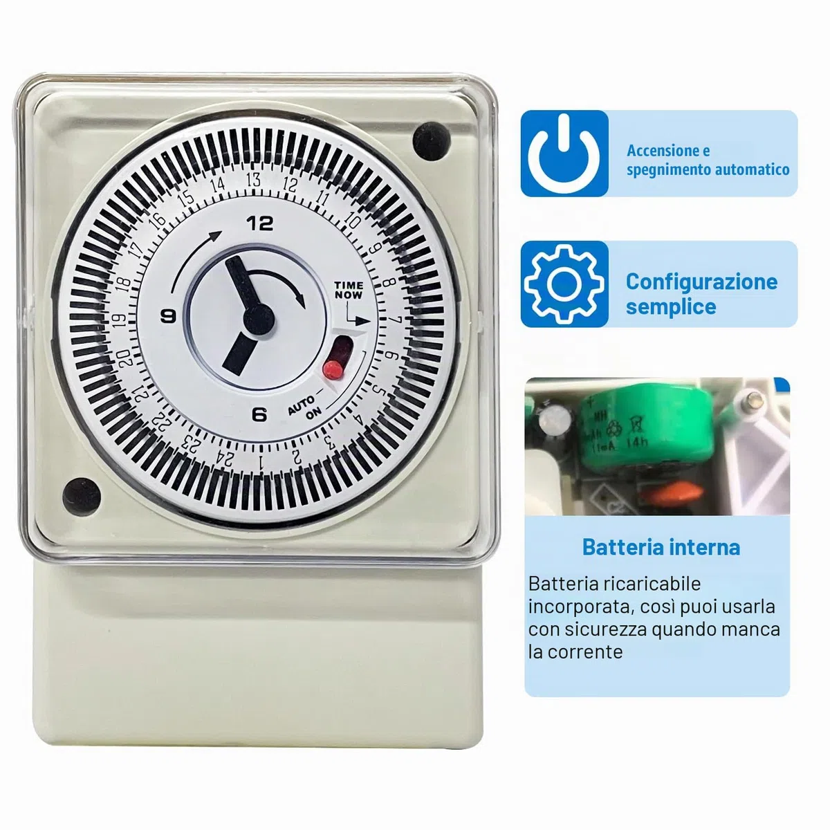 Transplant Timer Meccanico, 220-240V, 16A, 24 Ore, Analogico a Segmento per Luci, Riscaldatori, Piscine e Altri Elettrodomestici