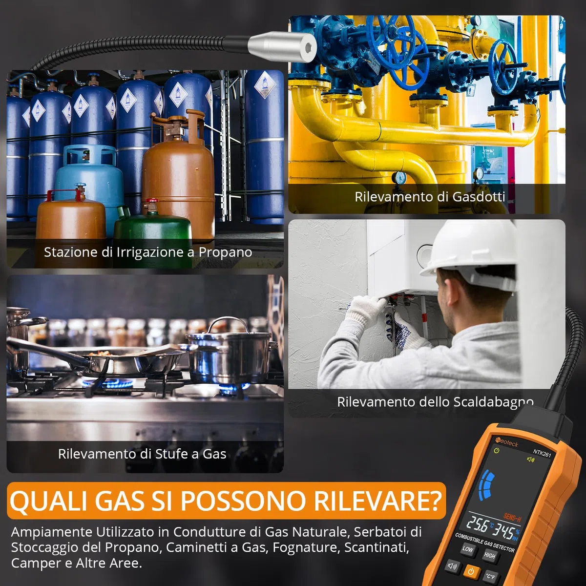 Neoteck Rivelatore di Gas Naturale con Collo d'oca da 12” Rivelatore di Gas Combustibile con Allarme Acustico e Visivo Test Metano Propano Benzina CO Gas Naturale per Gasdotto Stufa a Gas e RV