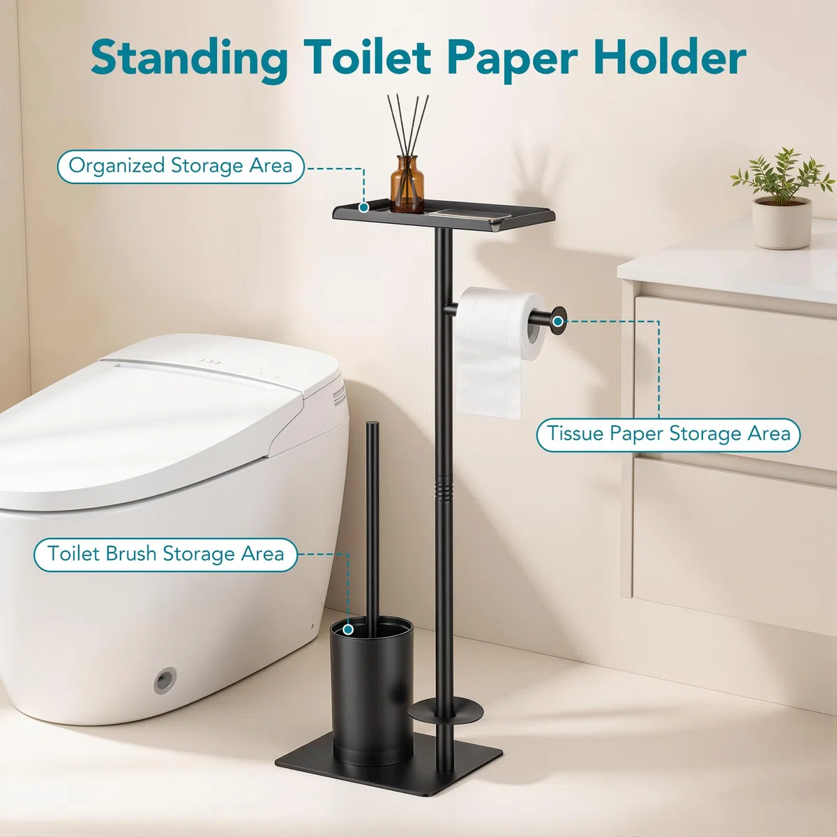 Porta Carta Igienica Autoportante con Ripiano Superiore,Porta Carta Igienica da Terra con Scovolino per WC,Non Richiede Forature, Facile da Installare, Ideale per Riporre Oggetti in Bagno