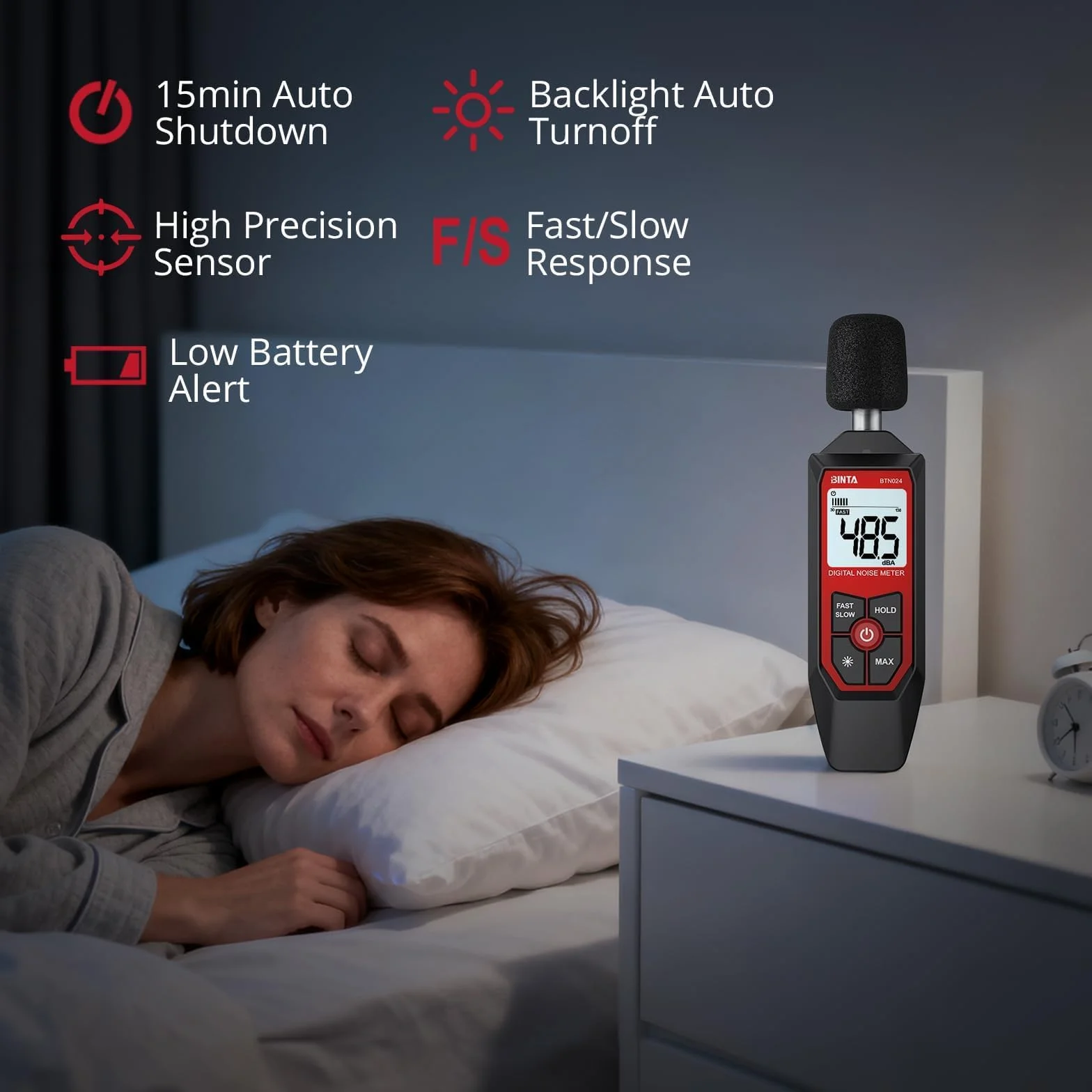 BINTA Fonometro, Misuratore di Rumore 30-130dB ±1.5dB, Retroilluminazione Bianca, Risposta Veloce/Lenta, MAX/MIN per Casa/Fabbrica/Edilizia/Trasporti