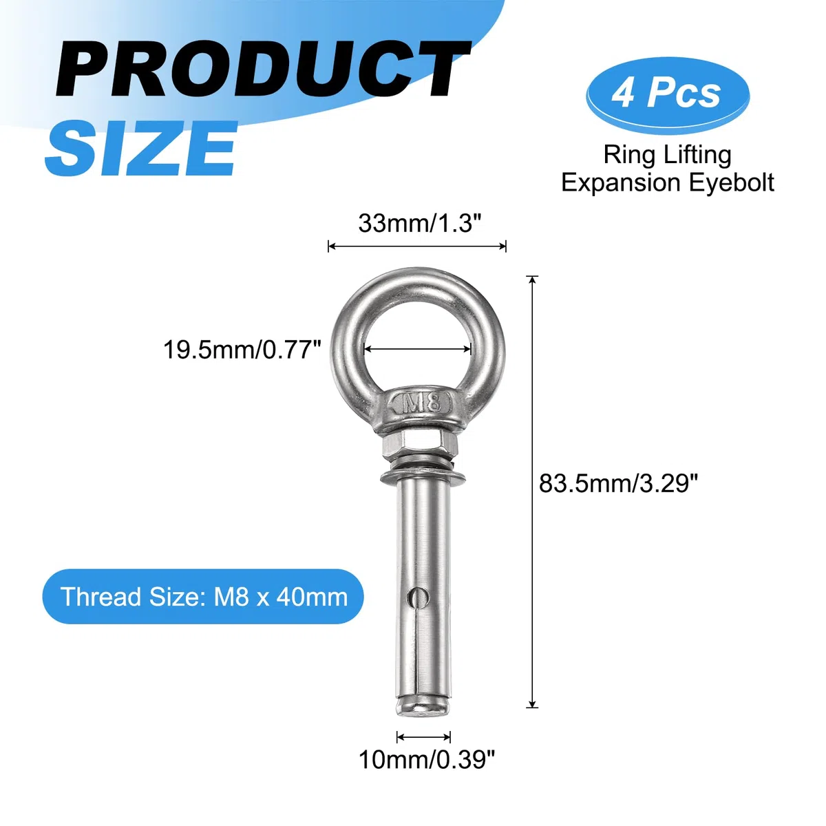 PATIKIL M8x40mm Bullone Ad Espansione Con Anello, 4 Pezzi Bullone Di Sollevamento In Acciaio Inox Con Anello Interno Per Pareti In Cemento E Muratura