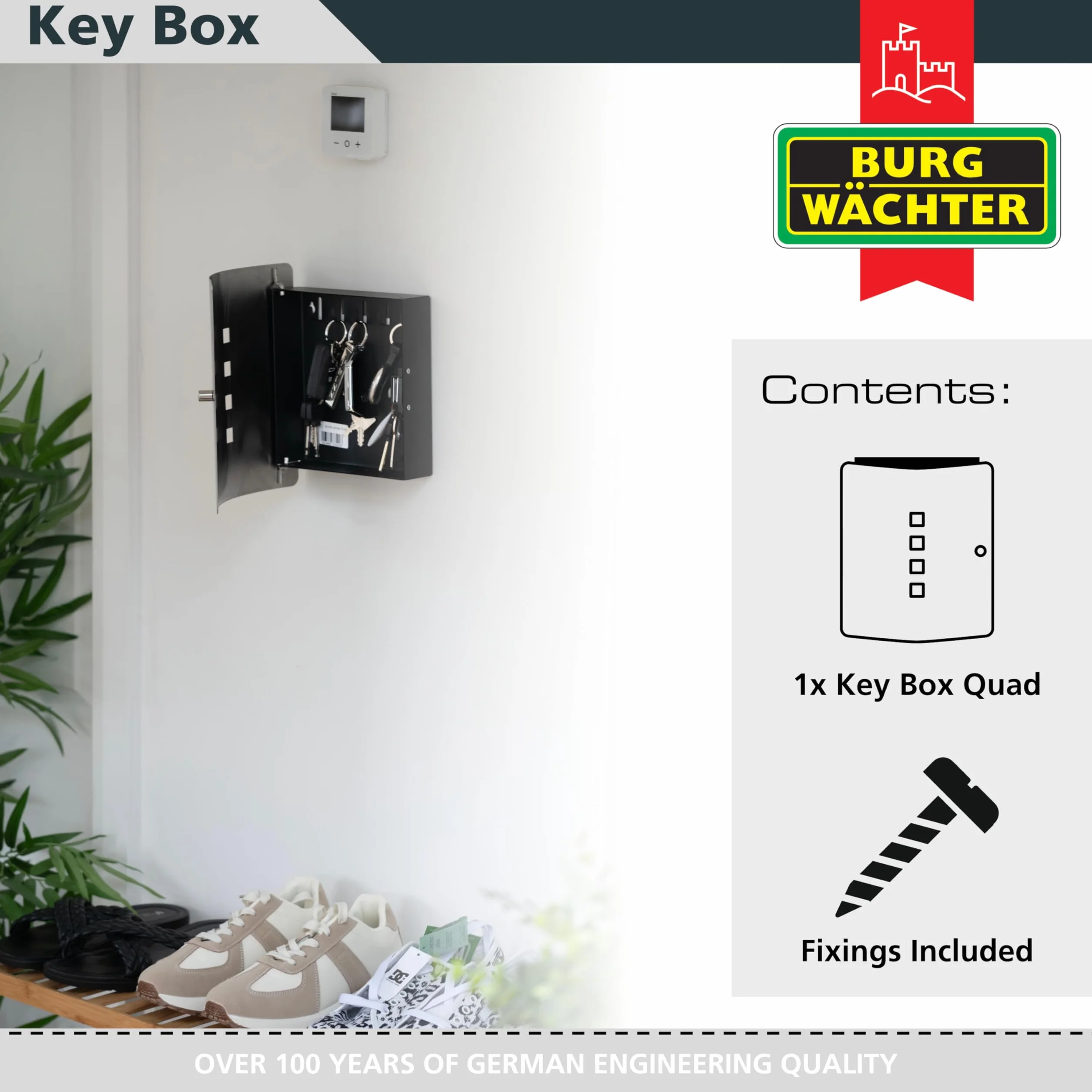 BURG-WÄCHTER Cassetta portachiavi con 10 ganci e chiusura magnetica, Armadietto per chiavi Quad 6204/10 Ni, Acciaio inox/lamiera d’acciaio, Argento/nero