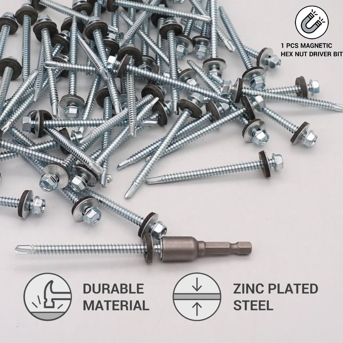 SKIR'CO (50 pezzi) Viti per tetti zincate 5,5 x 75 mm, Testa esagonale, Viti autoperforanti DIN 7504-K con rondelle di tenuta EPDM