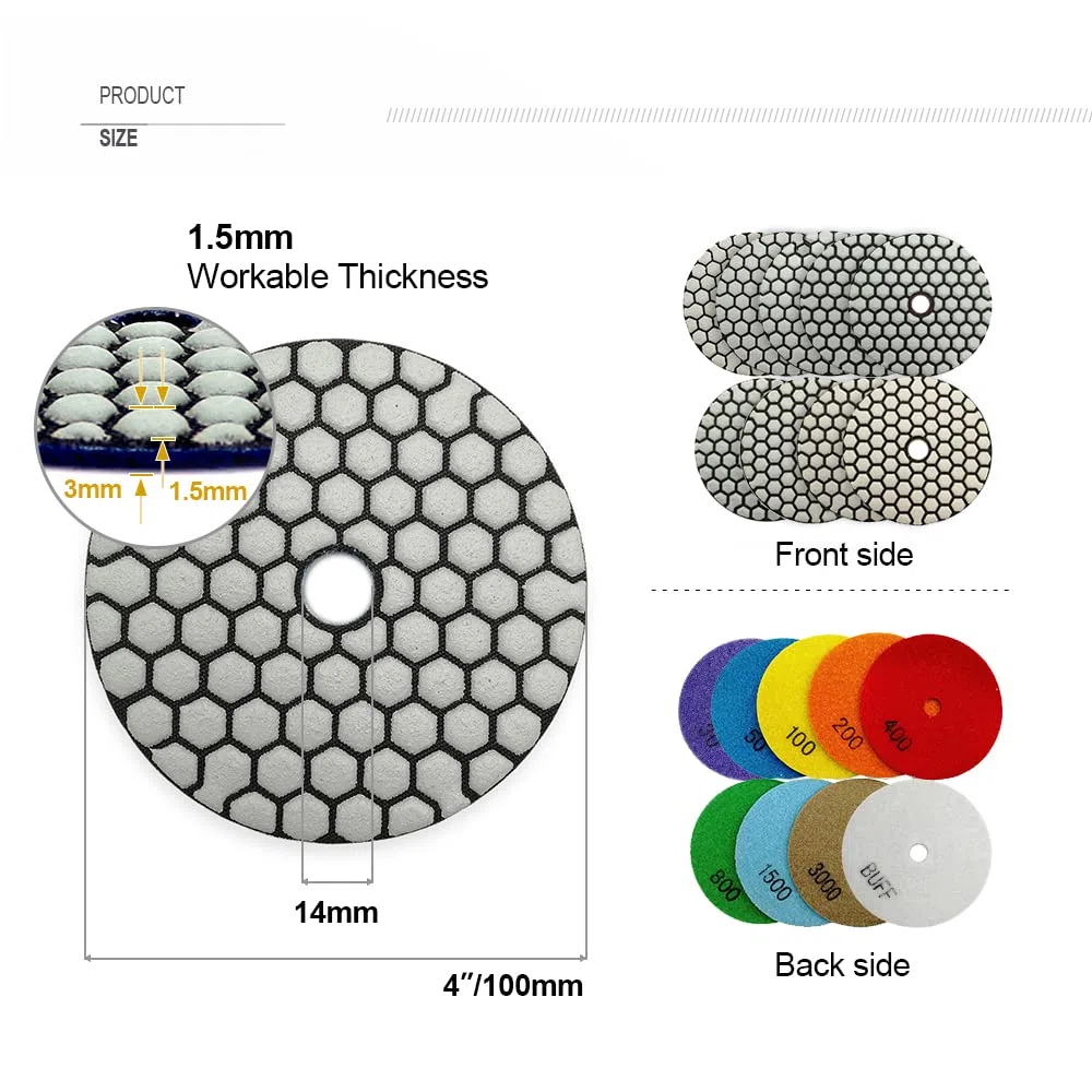 SHDIATOOL Diamante Lucidatura Pad 7 Pezzi Grana Mista per Lucidare a Secco Marmo Granito Pietra Ceramica Dia 100mm/4 Pollici