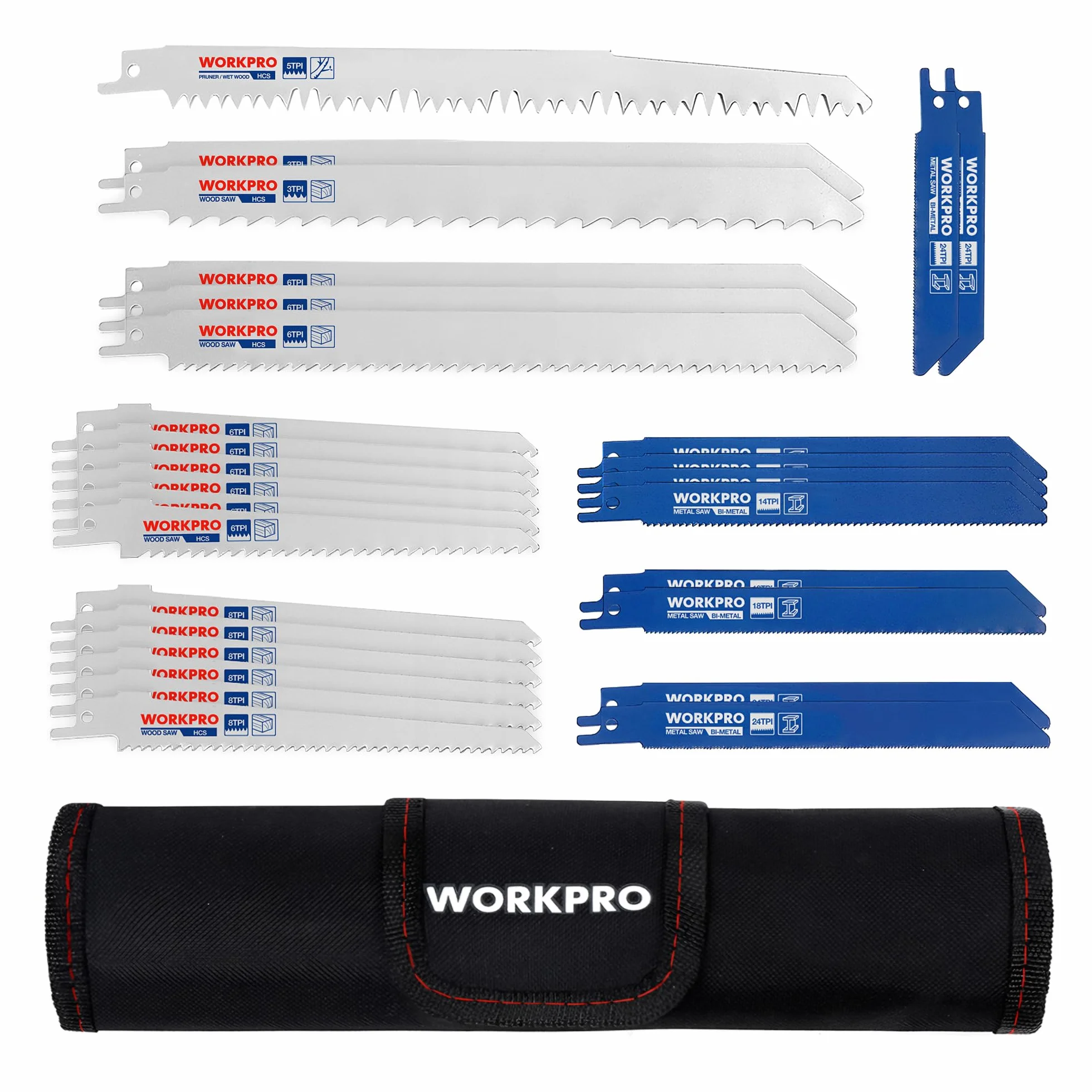 WORKPRO Set di Lame per Sega a Gattuccio Universale da 32 Pezzi in Borsetta, Lama per Sega a Sciabola per Taglio Metallo e Legno, Realizzato in HSS e Cr-V