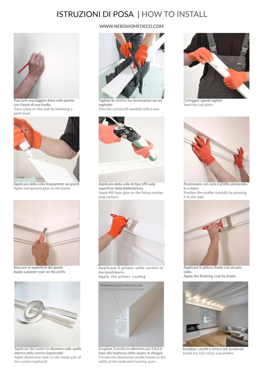Cornici velette per led a soffitto e parete (lunghezza 2 metri - KH904), per illuminazione indiretta con le strisce led | decorative, prefabbricate in duropolimero