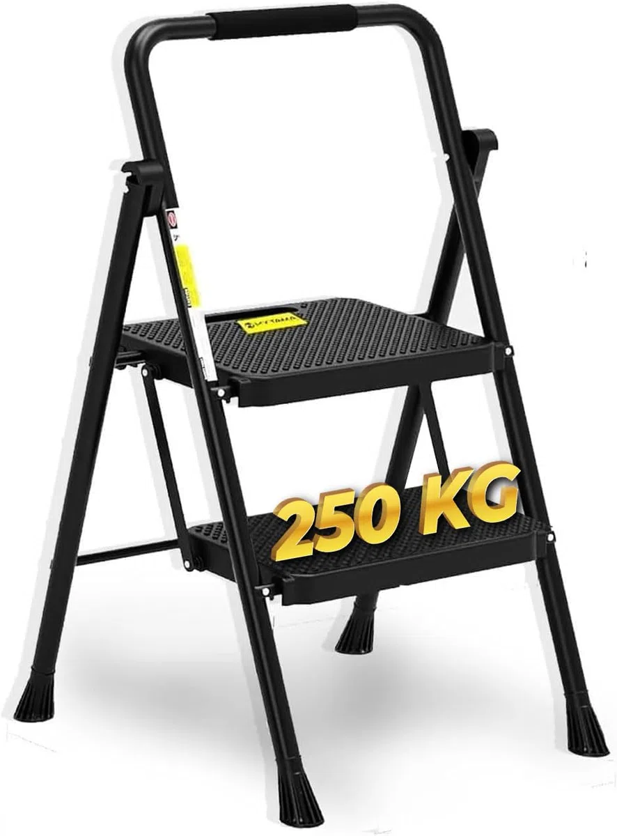 HYTAMA Scala Sgabello Pieghevole con Ampio Pedale Antiscivolo, Scala in Acciaio Robusta, Impugnatura Comoda, Leggera, Sgabello Portatile in Acciaio,Certificata EN14183 (NERO, 2 Gradini)