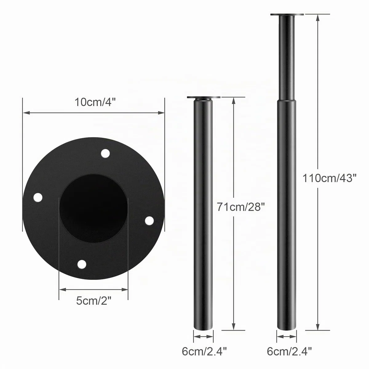 Gambe telescopiche da 710-1100 mm, regolabili in altezza, in metallo, colore nero