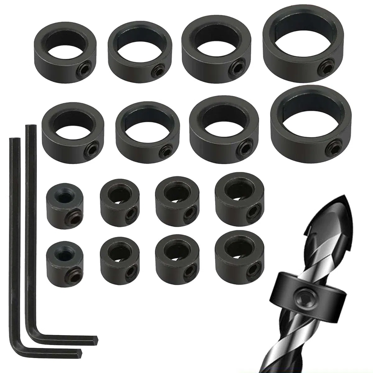16 Pezzi Stop di Profondità Trapano WISIRENT, 2*3/4/5/6/8/10/12/16mm Nero Stop di Profondità Trapano con La Chiave Esagonale, Punte Profondità Anello Posizionatore Set di Trapano per Stop di Profondit